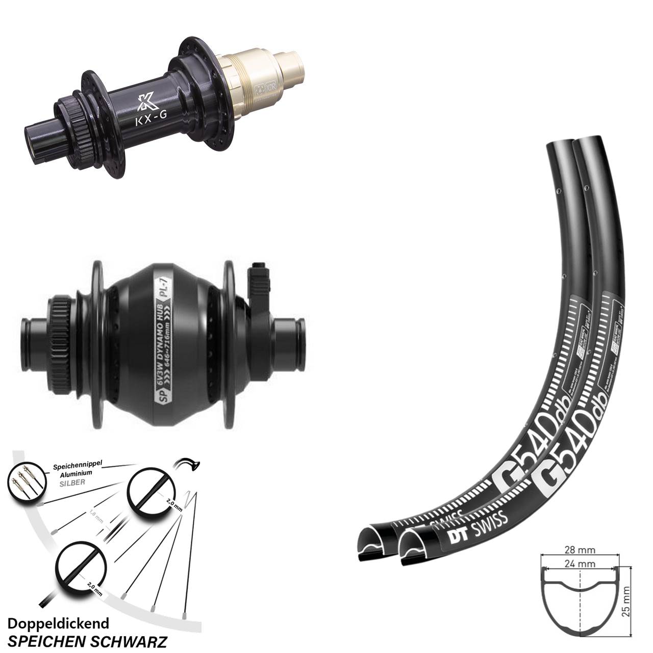 Laufradsatz Gravel Dynamo Shutter Precision PL-7 DT Swiss G 540 KX-G Steckachse Sram XDR