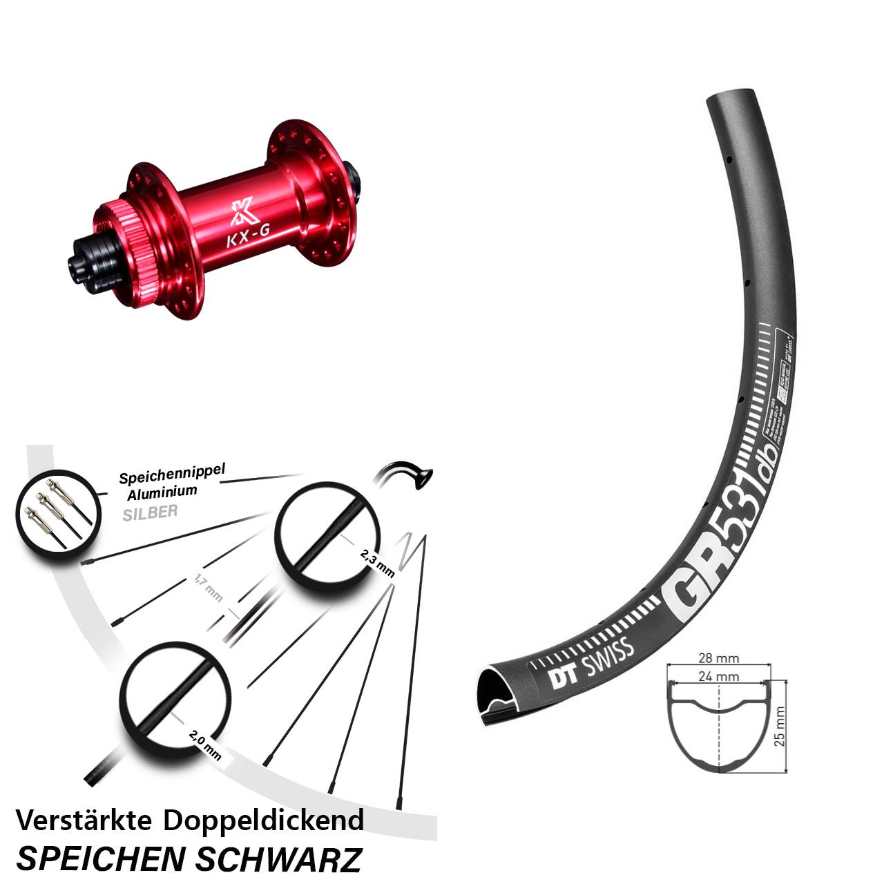 Vorderrad Gravel 28 Zoll DT Swiss GR 531 DB Nabe rot-eloxiert KX-G 5x100 mm Sapim E-Light