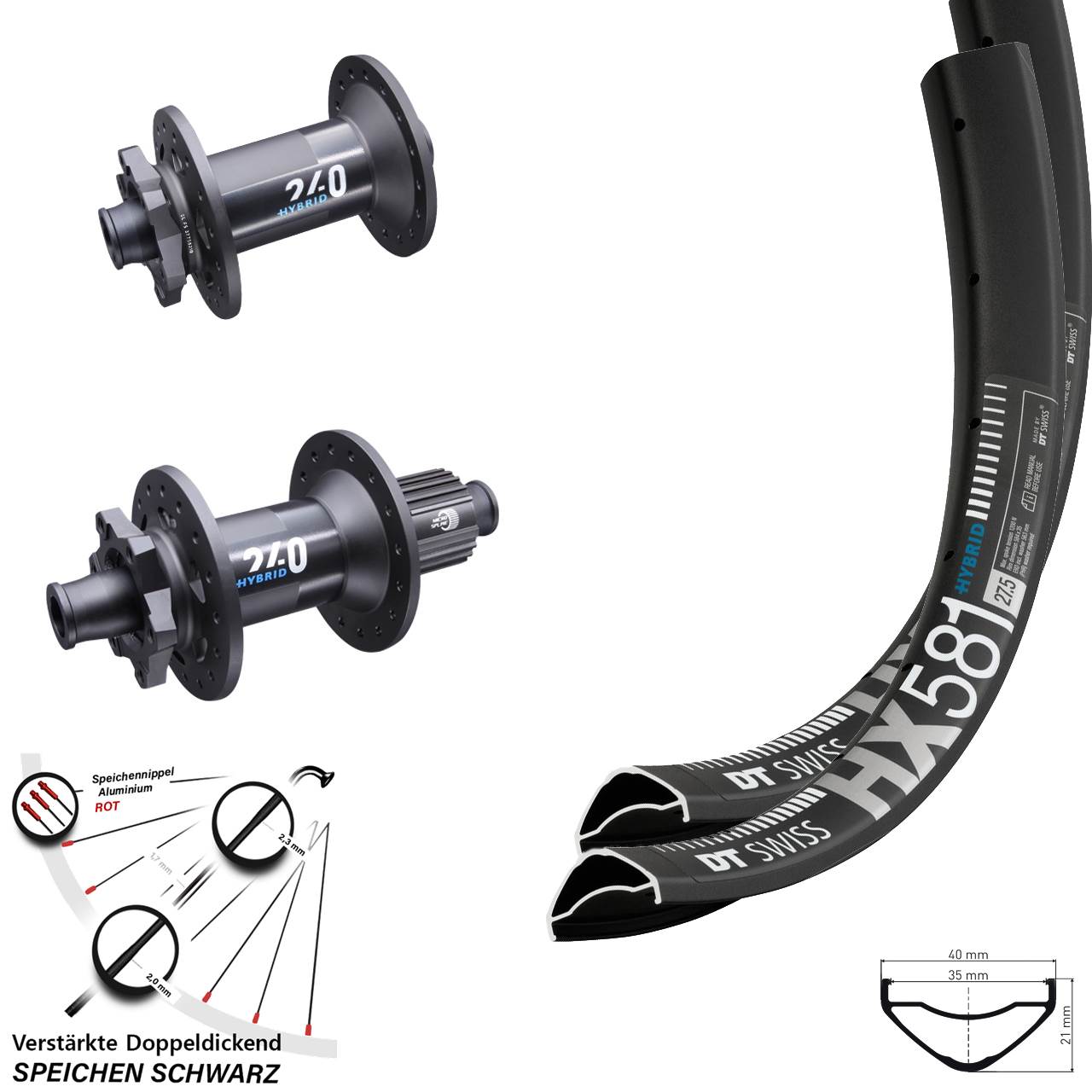 Laufradsatz E-Bike Boost 27,5 Zoll HX 581 DT Swiss 240 Hybrid OS Micro Spline 12-fach