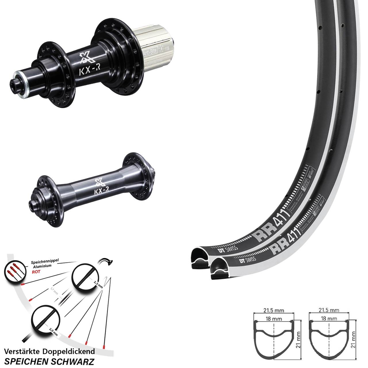 DT Swiss RR411 OS KX-R 28 Zoll Laufradsatz für Schnellspanner 8-12 fach HG