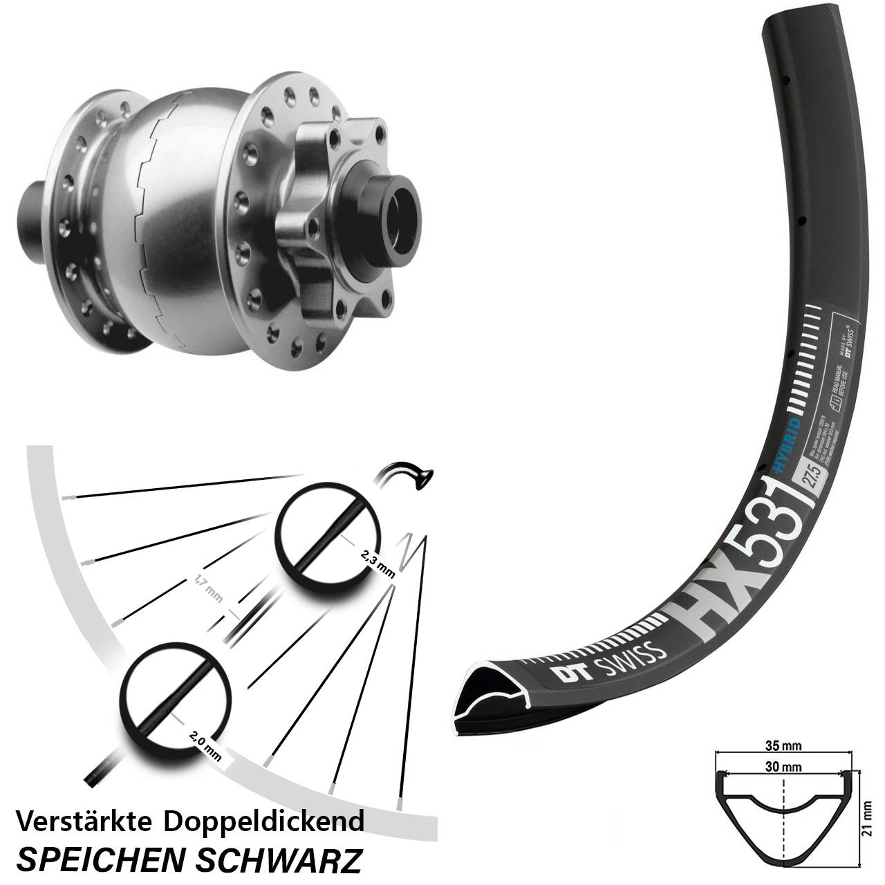Disc Laufrad mit Nabendynamo 29 Zoll DT Swiss HX531 SON 28 15x100