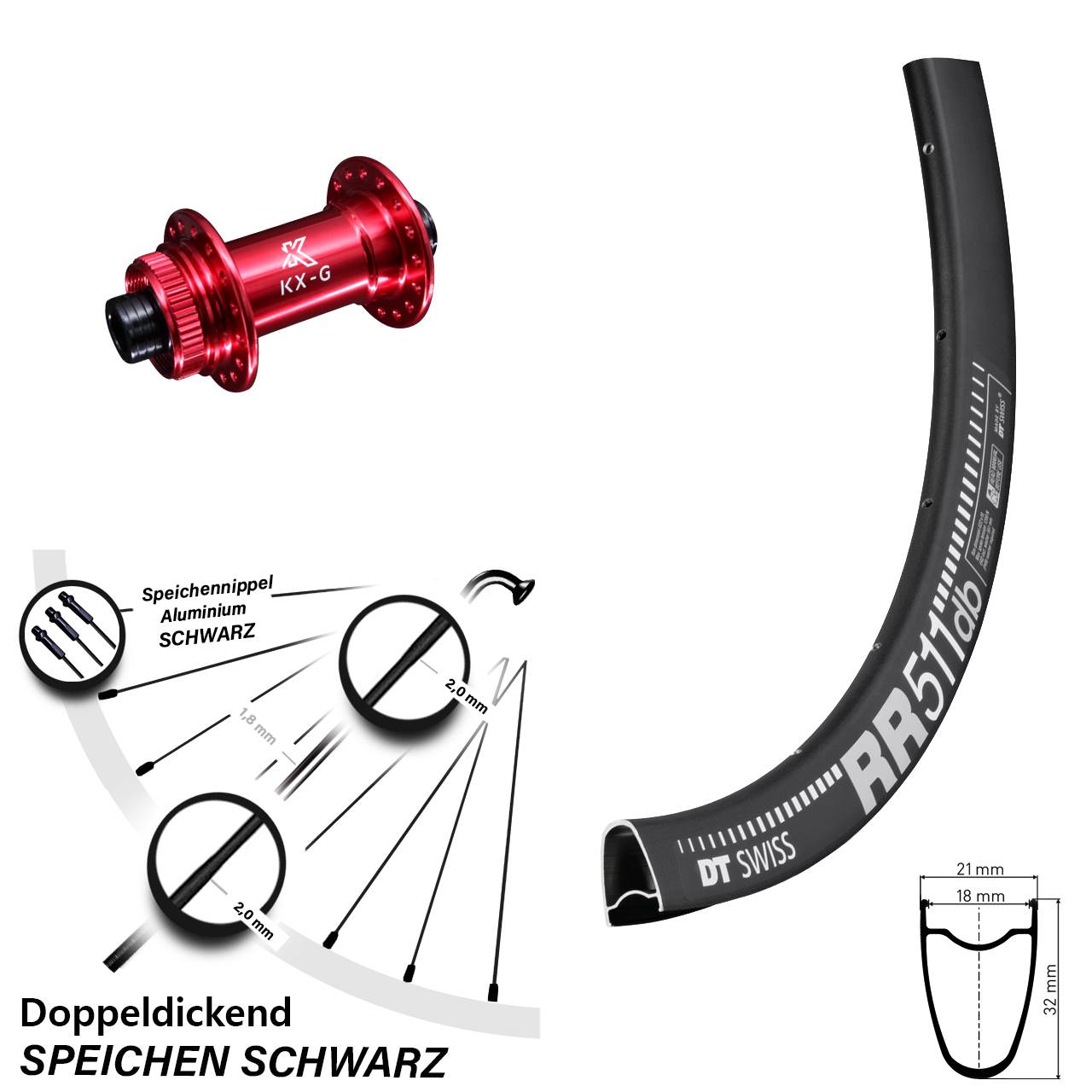 28 Zoll Vorderrad KX-G Nabe rot-eloxiert 12x100 DT Swiss RR 511 DB Centerlock