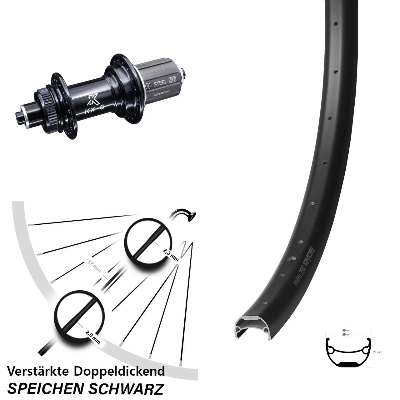 Breites Hinterrad KX-GS 5x135 Centerlock Ryde Andra 29 Zoll 8-12 fach für Schnellspanner