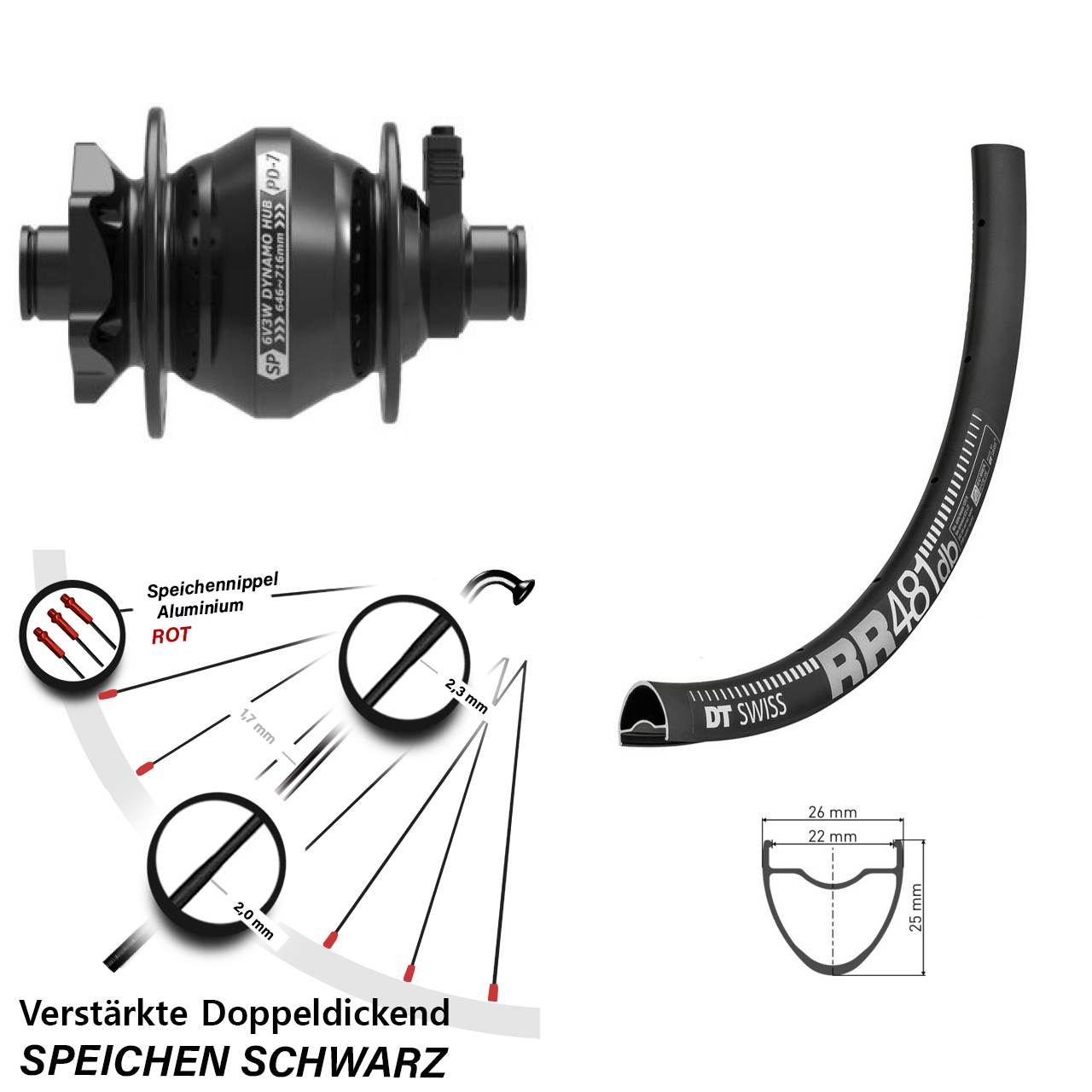 Nabendynamovorderrad 6-Loch 12x100 28 Zoll DT Swiss RR 481 Shutter PD-7