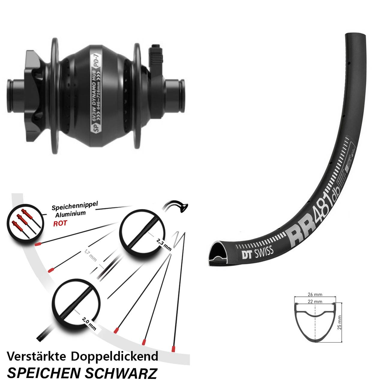 Nabendynamovorderrad 6-Loch 12x100 28 Zoll DT Swiss RR 481 Shutter PD-7