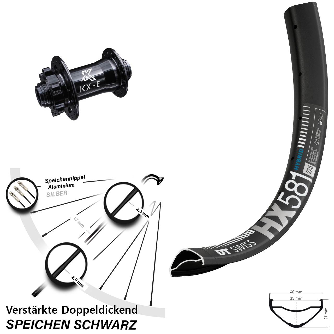 Disc Vorderrad 27,5 Zoll DT Swiss HX581 KX-E verstärkt 15x100