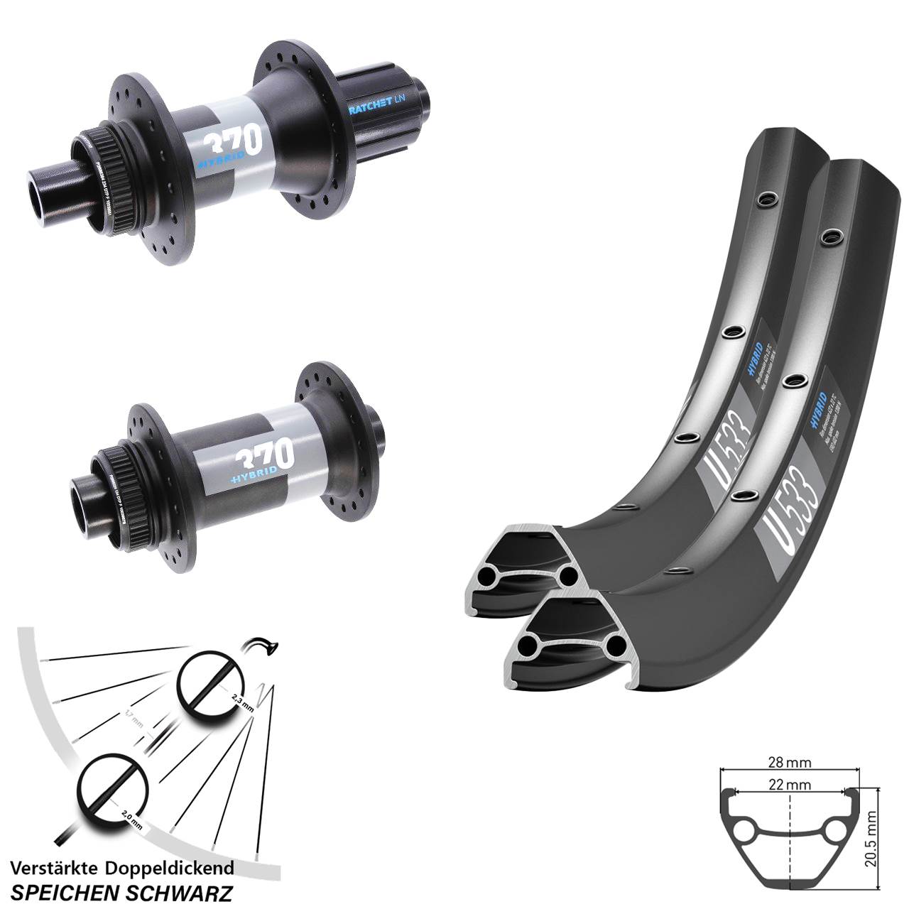 Laufradsatz Centerlock 15x110 12x148 28 Zoll DT Swiss U533 370 Hybrid 8-11 fach HG