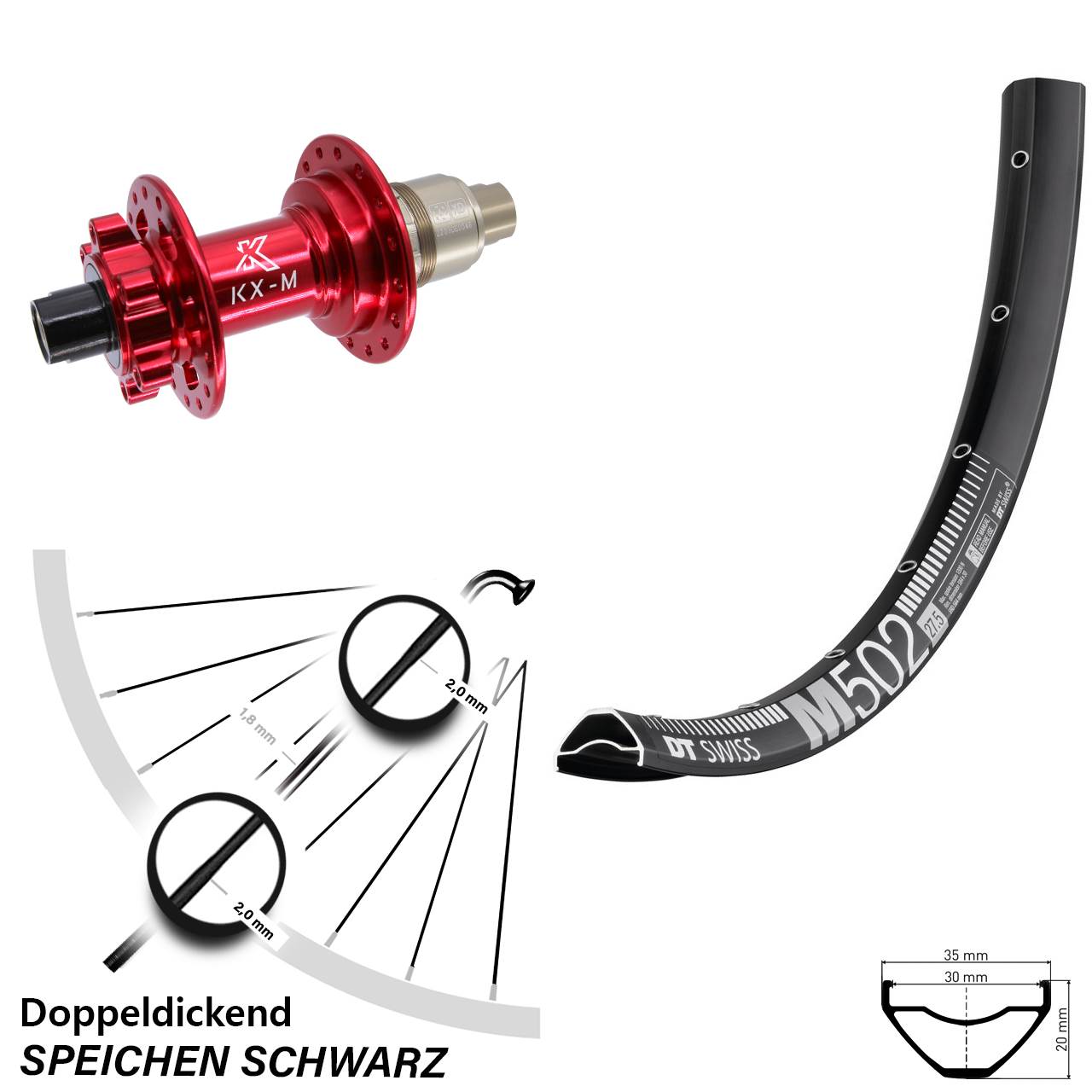 27,5 Zoll DT Swiss M 502 Hinterrad KX-M XD 12x142