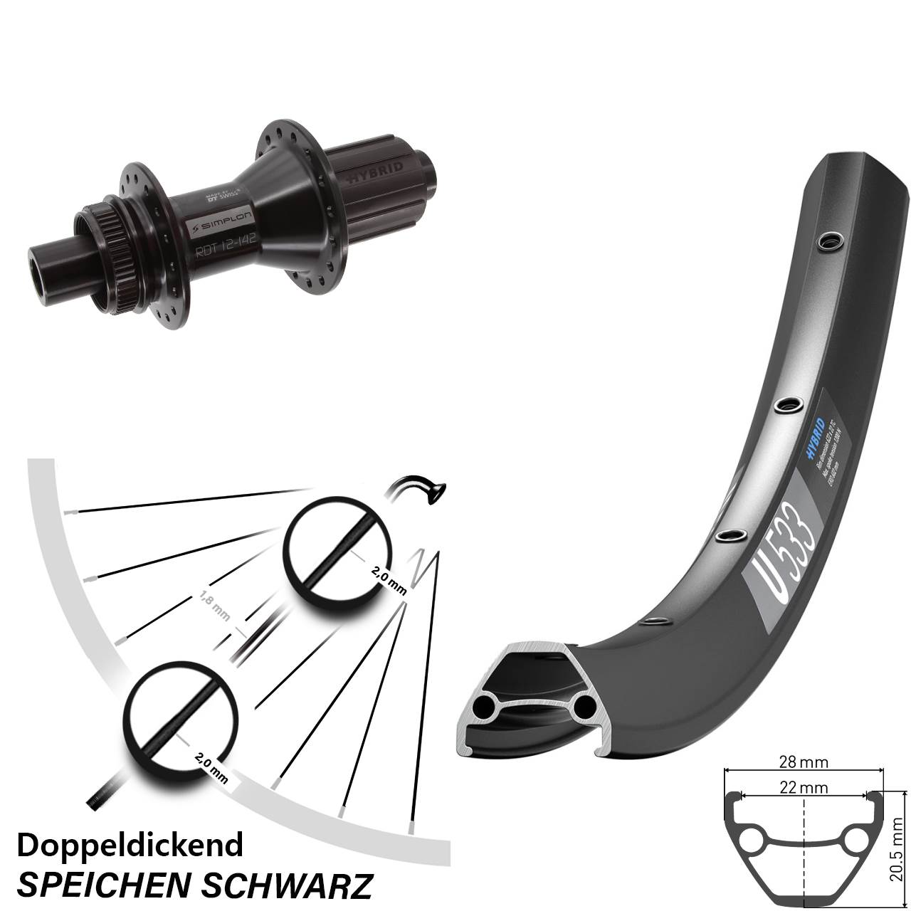 Disc Laufrad 26 Zoll DT Swiss U 533-370 Hybrid 8-11 fach HG 12x142