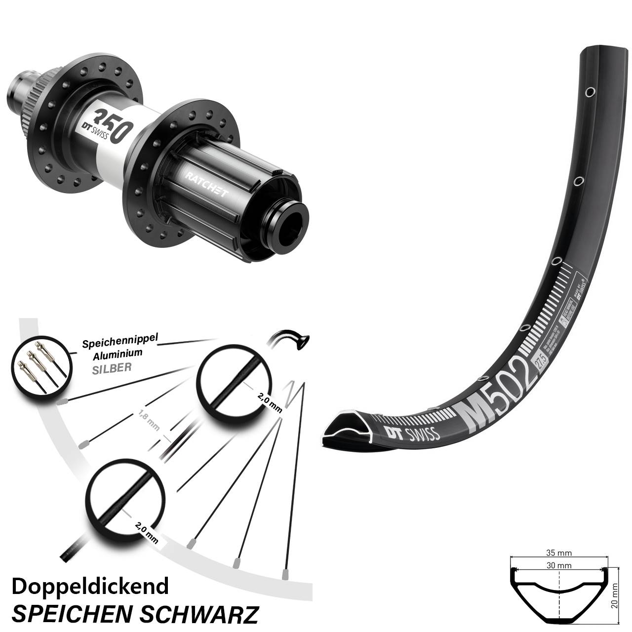 schwarzes 29 Zoll Hinteres Rad M 502 DT Swiss 350 Centerlock Steckachse 12x142 mm 11-fach