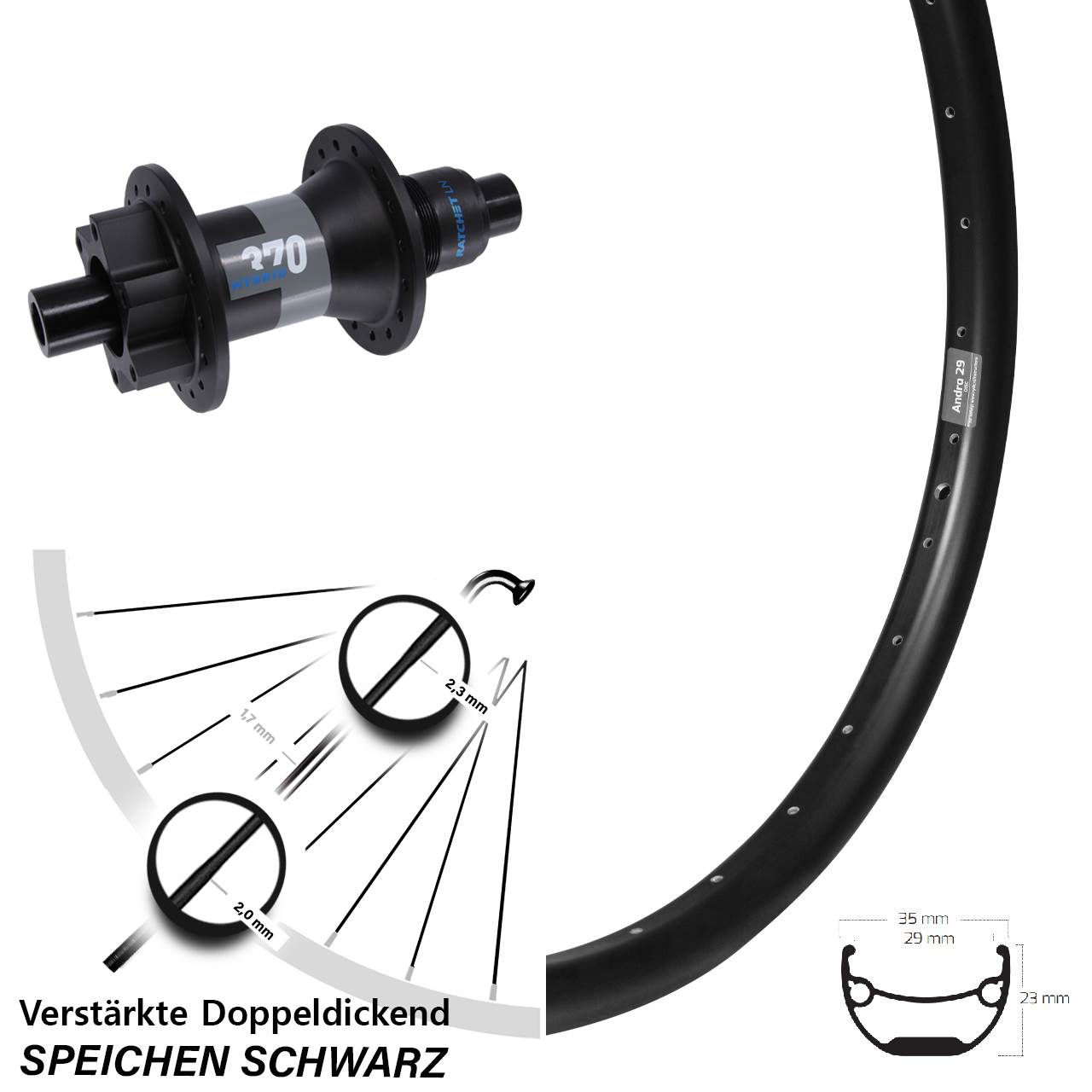 Disc Hinterrad 26 Zoll Ryde Andra 29 DT Swiss Hybrid 370 XD 11-12 fach 12x148