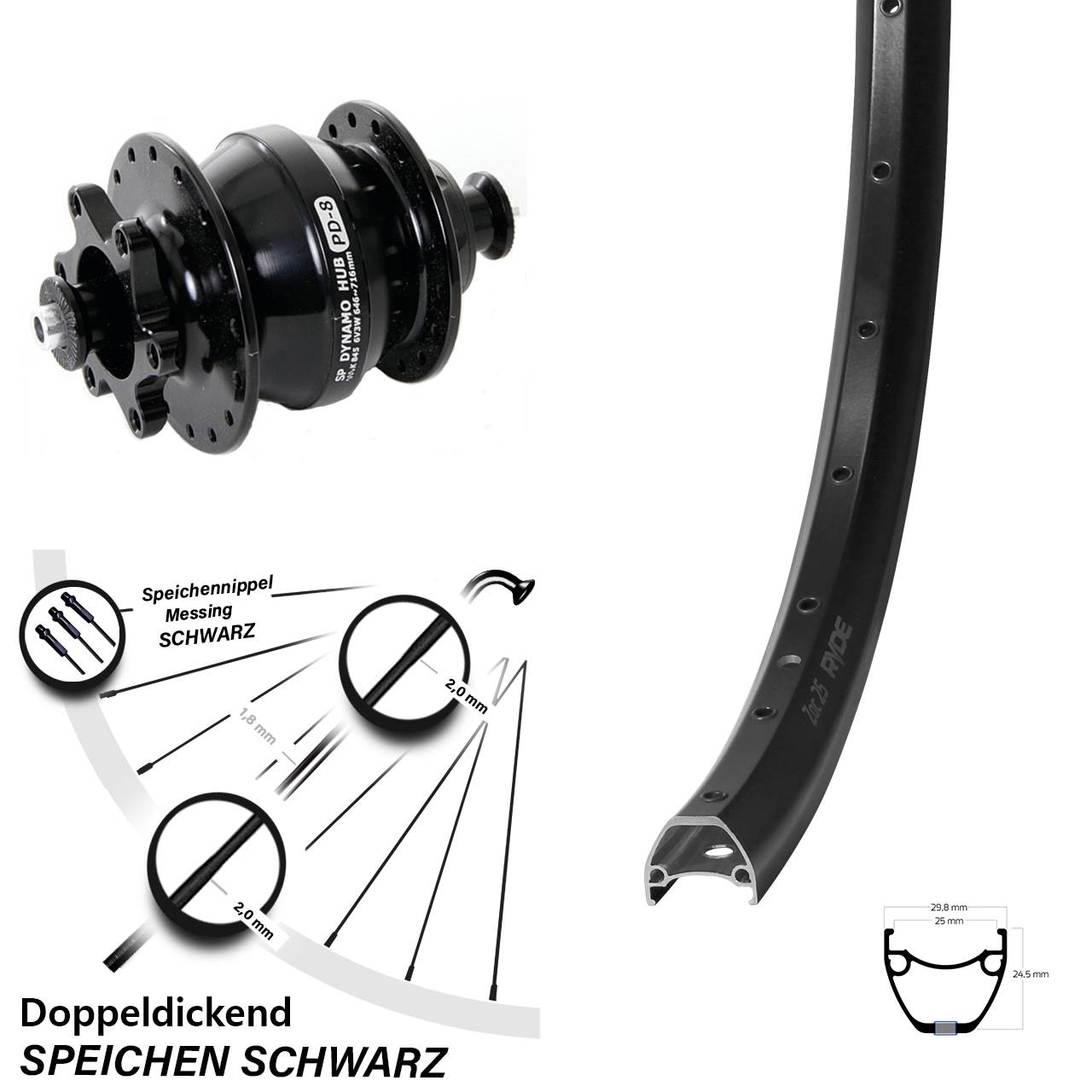 Disc Vorderrad mit Nabendynamo 28 Zoll Ryde ZAC 25 Shutter PD-8 für Schnellspanner