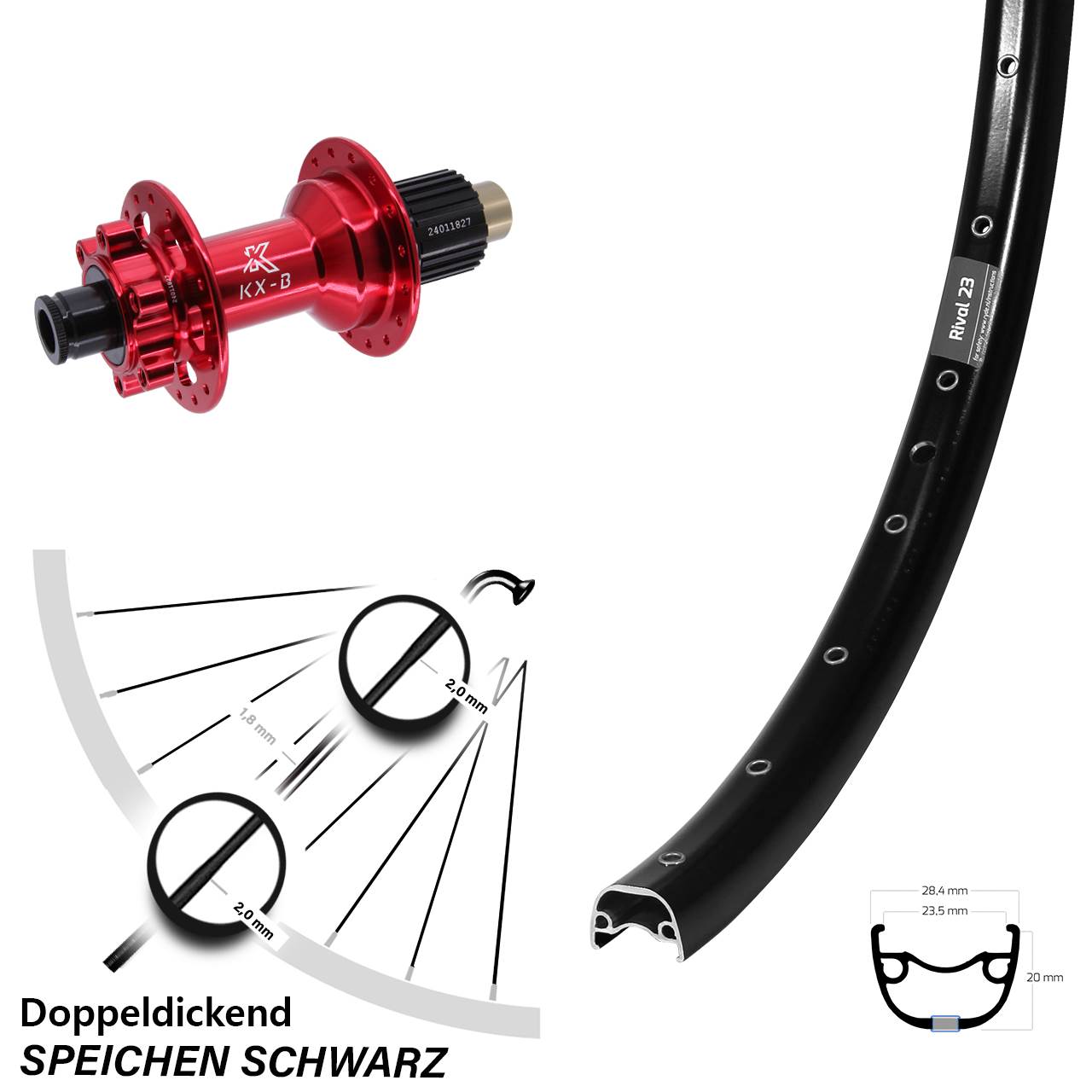 6-Loch Hinterrad 12x148 27,5 Zoll Ryde Rival 23 KX-B rot Micro Spline