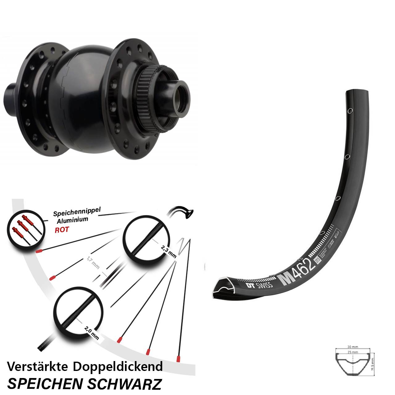 27,5 Zoll DT Swiss M462 SON 28 Dynamo-Vorderrad Centerlock 15x110 Boost