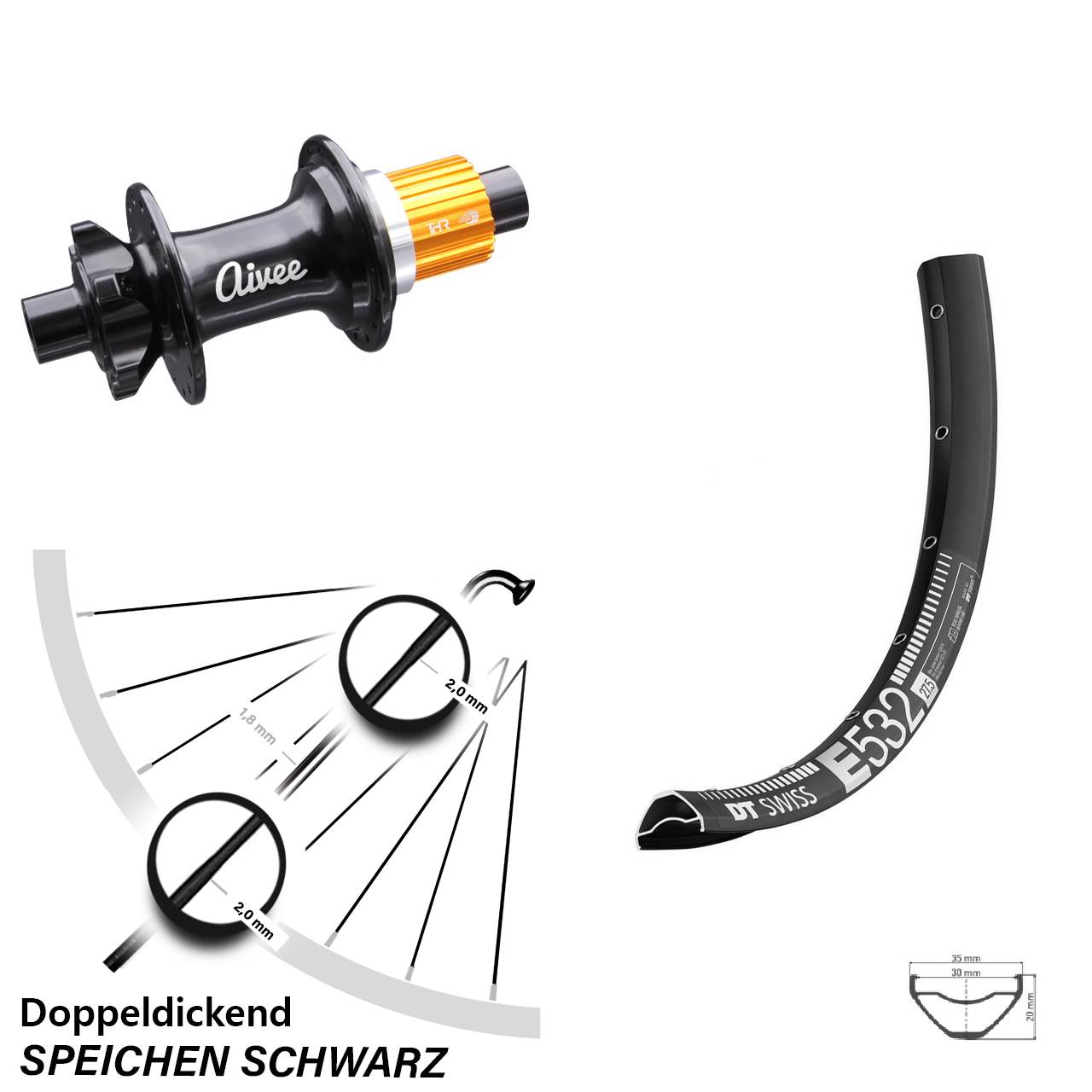 Hinterrad 29 Zoll DT Swiss E 532 Aivee Classic Boost Shimano Micro Spline 6-Loch
