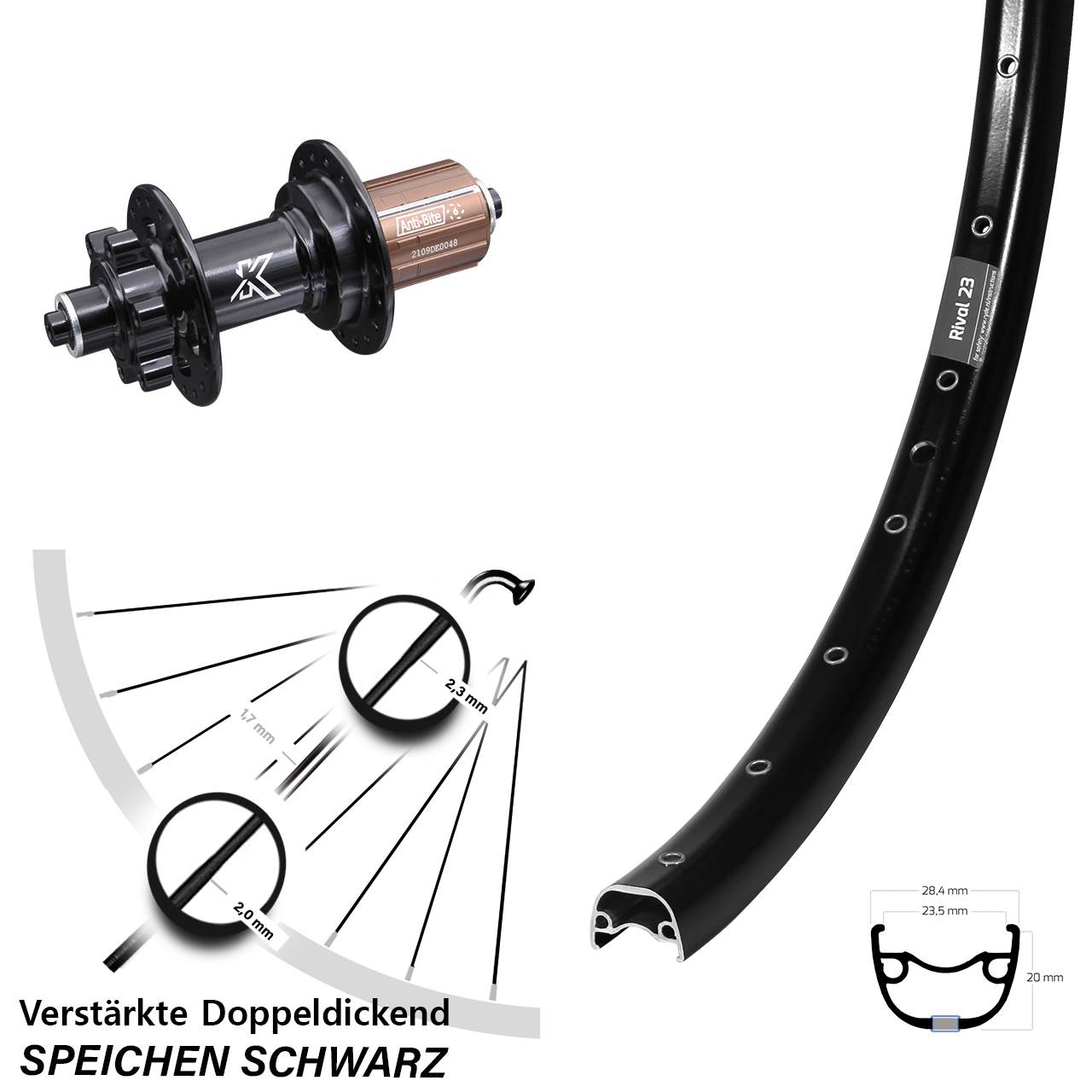 Hinterrad 6-Loch für Schnellspanner 27,5 Zoll Ryde Rival 23 KX-M 8-12 fach