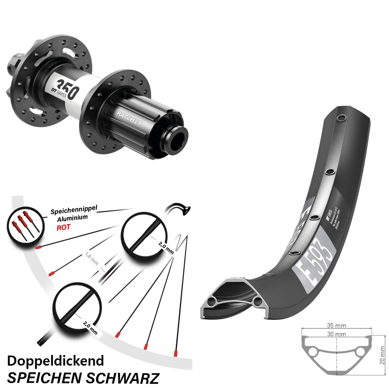 DT Swiss E 593-350 27,5 Zoll 6-Loch Hinterrad 12x142 8-11 fach HG