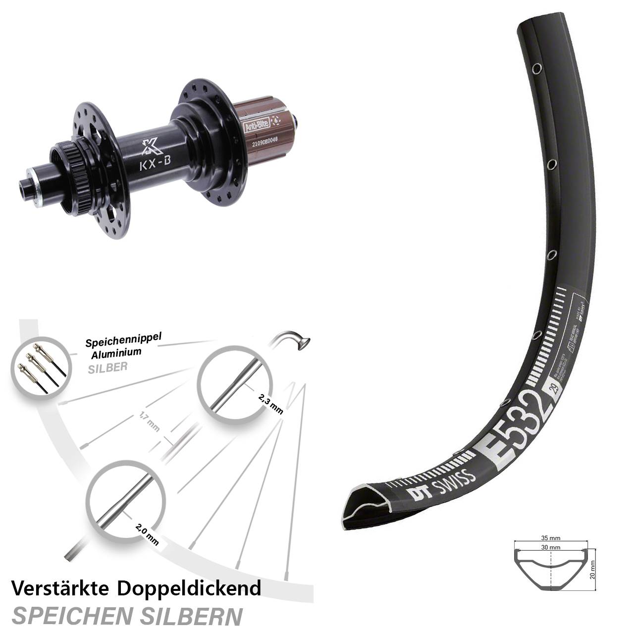 DT Swiss E532 KX-B 29 Zoll Hinterrad Centerlock für Schnellspanner Boost 8-12 fach