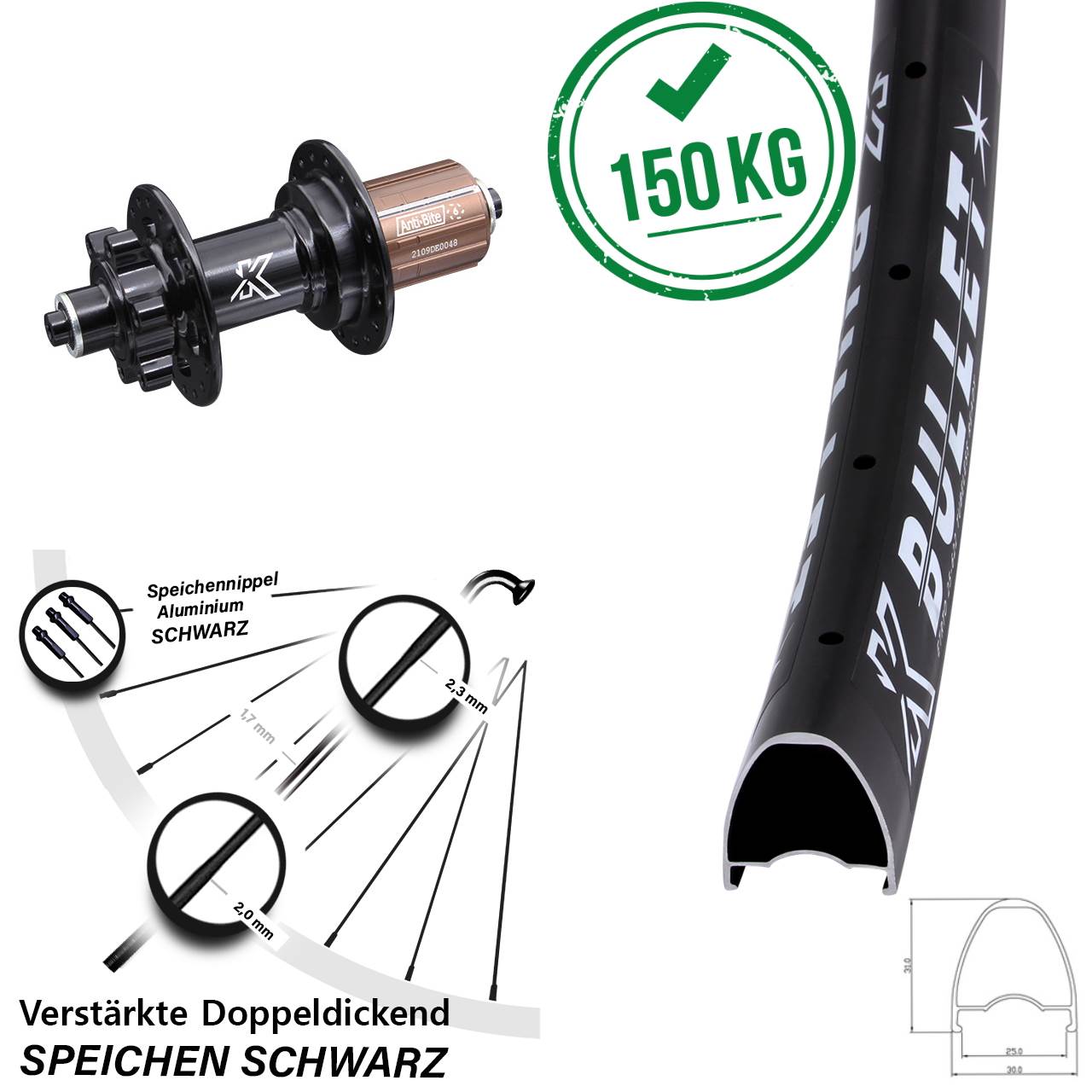 6-Loch Hinterrad für Schnellspanner 28 Zoll KX-M Bullet 8-12 fach HG