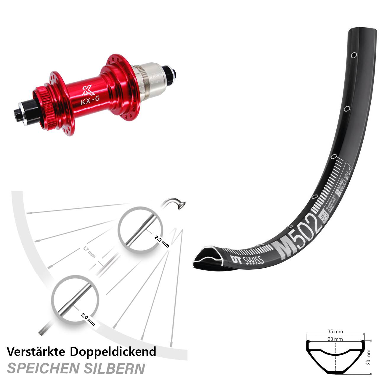 DT Swiss M502 KX-G rot 29 Zoll Disc Hinterrad für Schnellspanner SRAM XDR