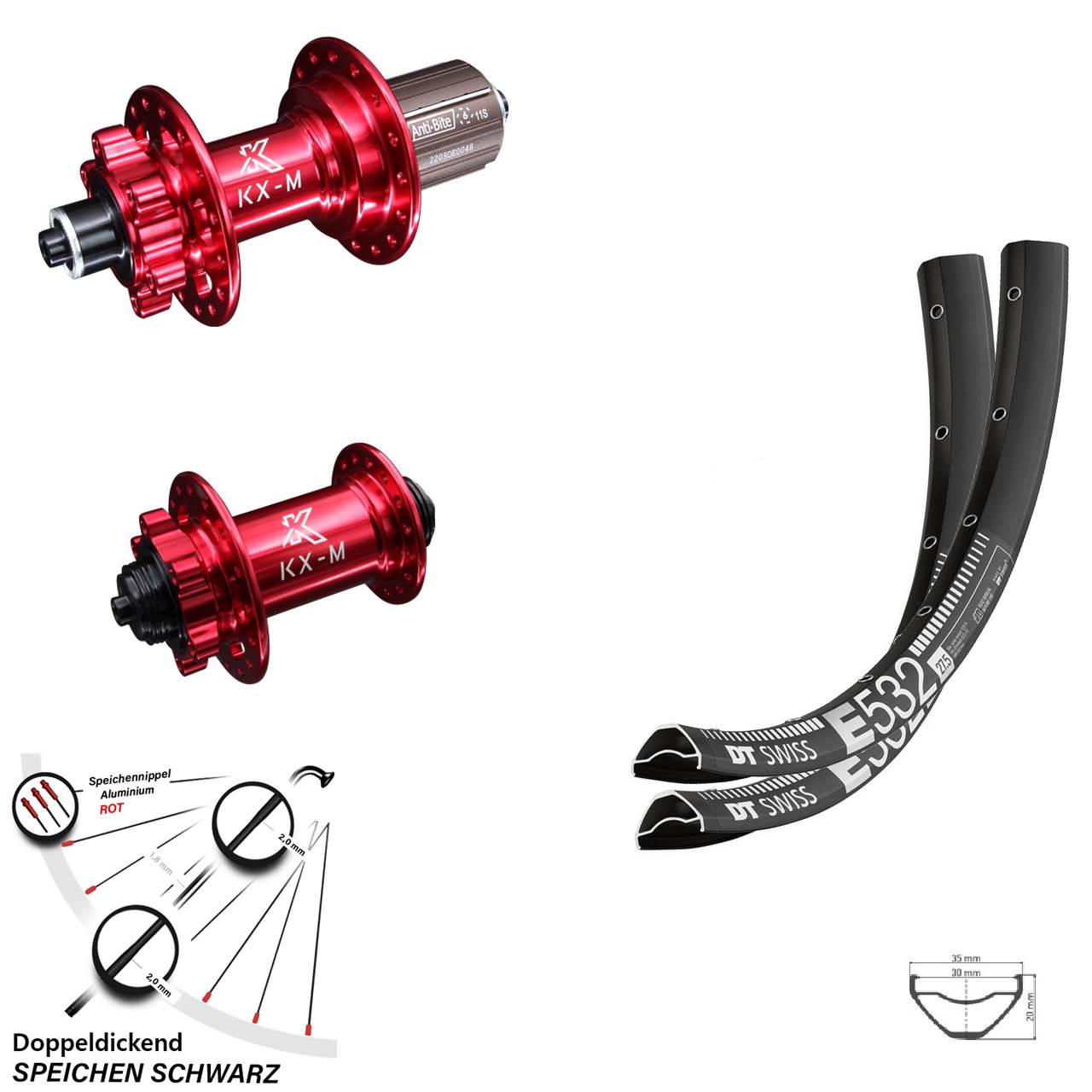 Disc Laufrad-Satz QR 29 Zoll DT Swiss E 532 KX-M rot 8-12 fach HG