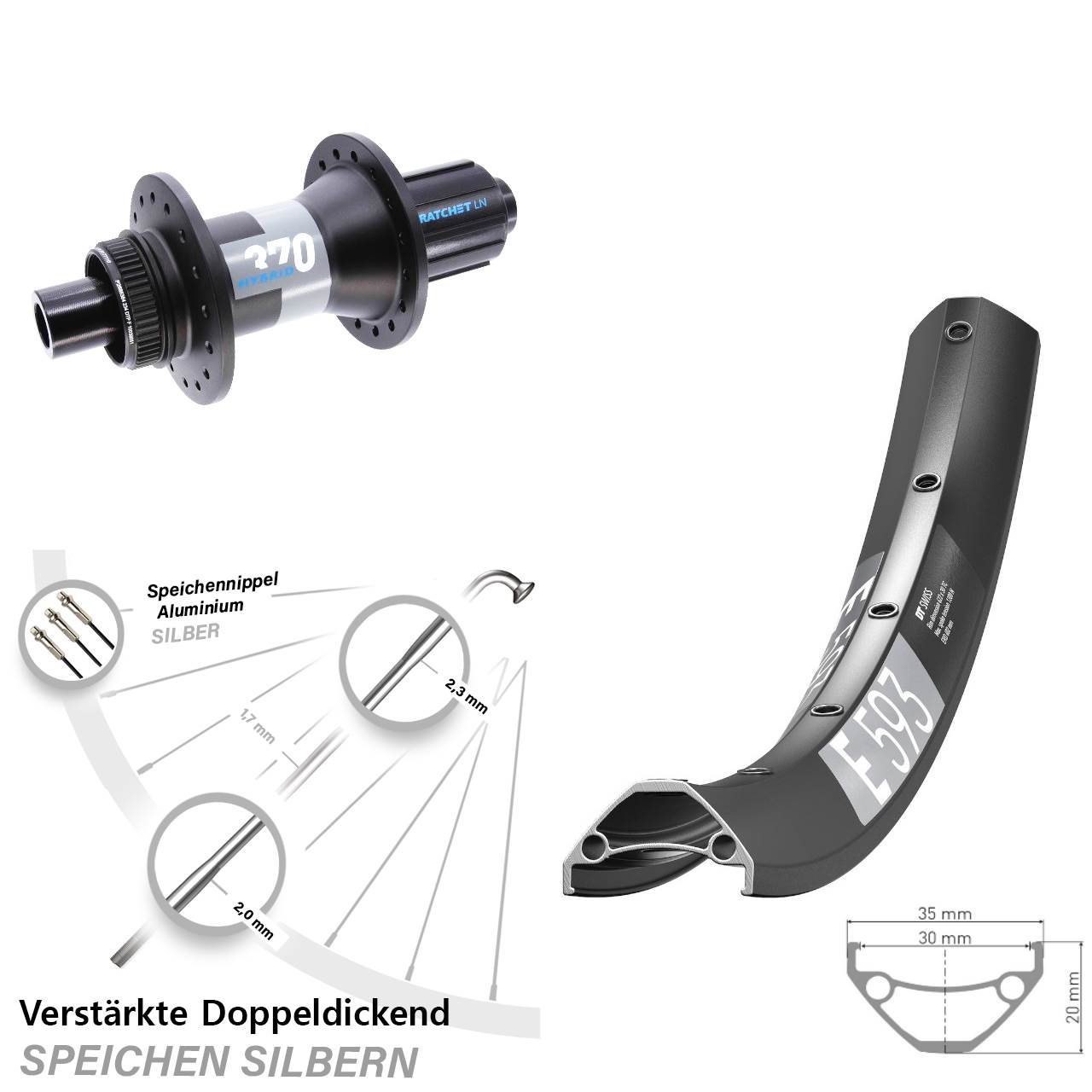 DT Swiss E593-370 Hybrid Boost 29 Zoll Hinterrad Centerlock 12x148 8-11 fach