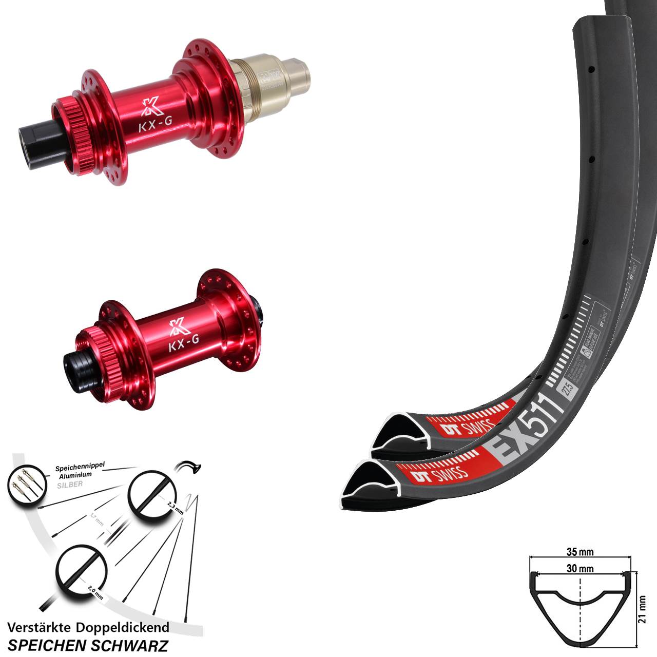Disc Laufradsatz 27,5 Zoll DT Swiss EX 511 KX-G rot SRAM XDR 15x100 12x142