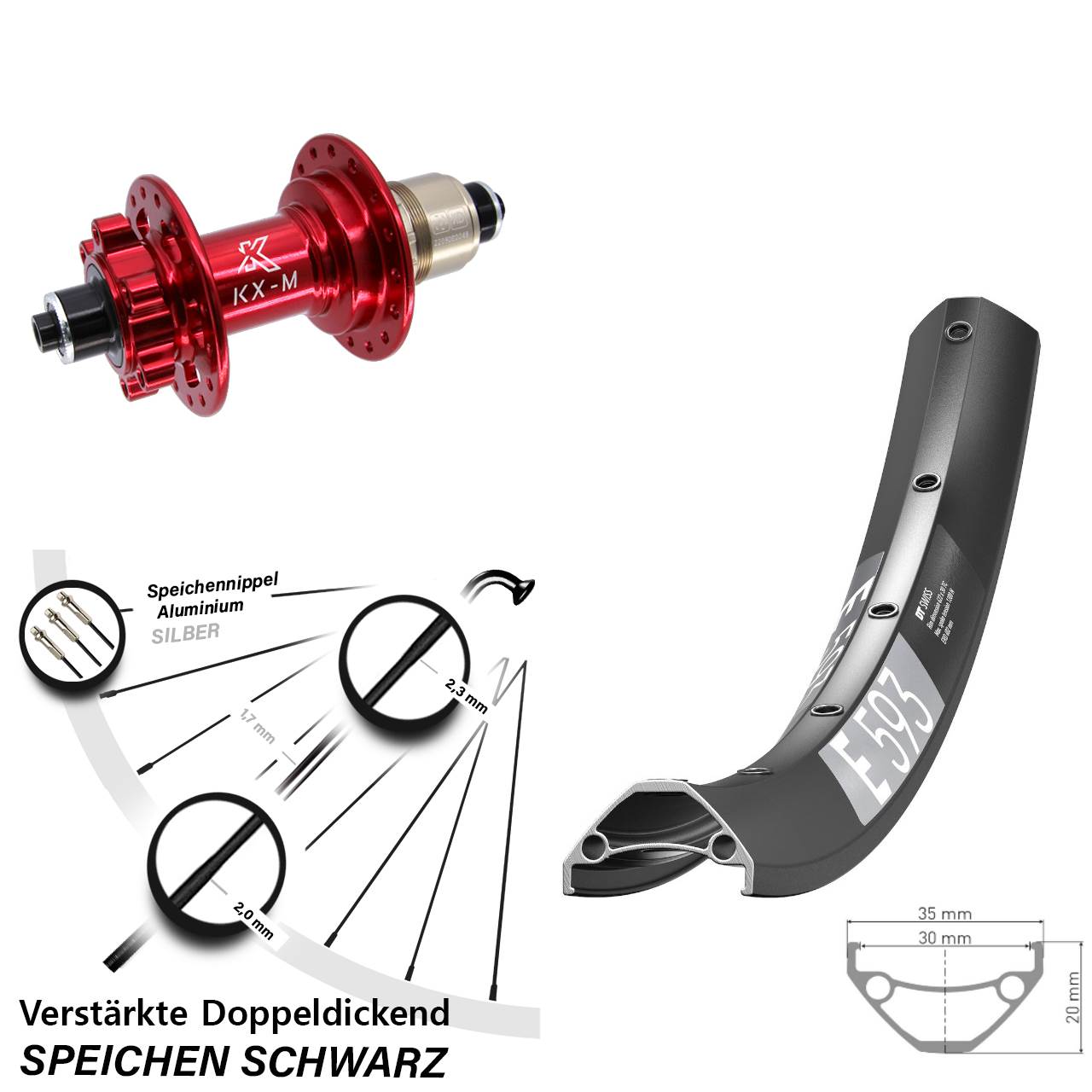 DT Swiss E593 KX-M rot 29 Zoll 6-Loch Hinterrad für Schnellspanner SRAM XD