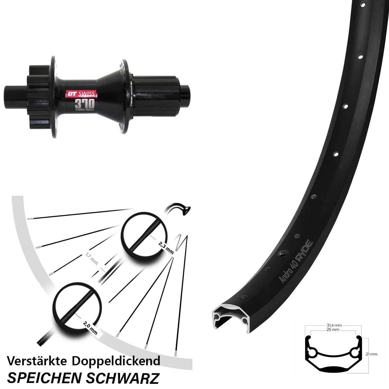 Disc Laufrad 26 Zoll Ryde Andra 40 DT Swiss 370 Hybrid 8-11 fach HG 12x142