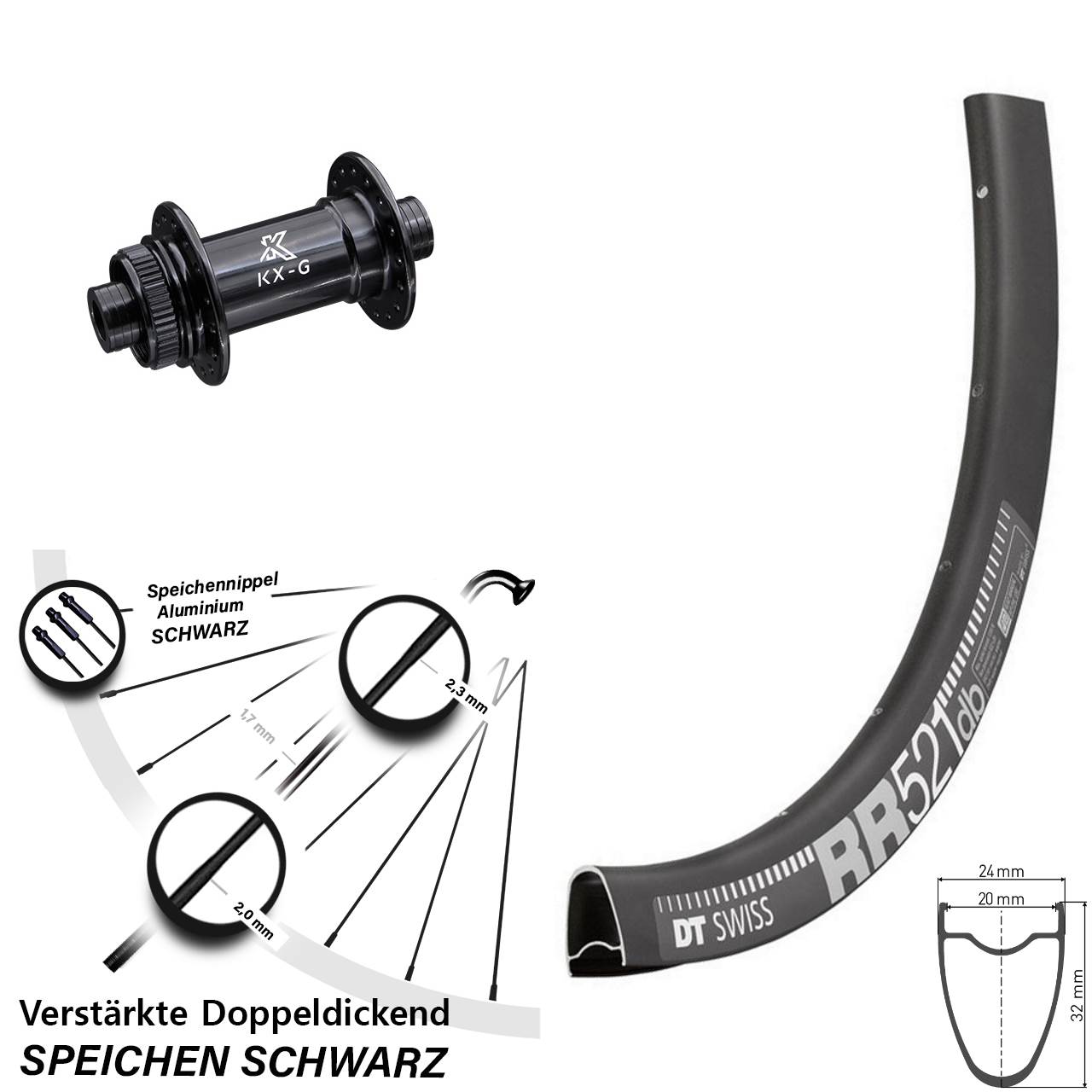 Centerlock Vorderrad 28 Zoll DT Swiss RR521 KX-G Gravel 12x100