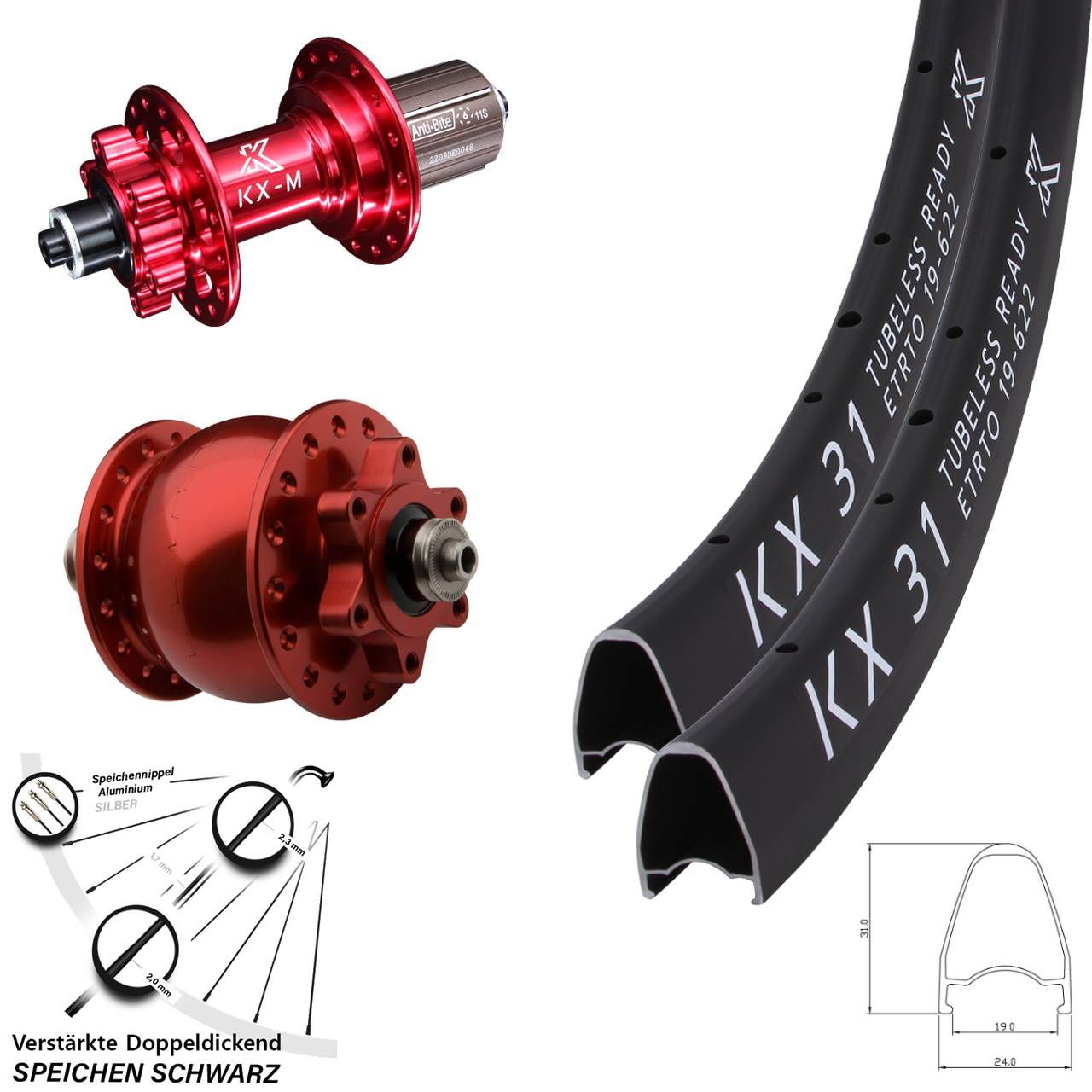 KX-M31 SON rot 28 Zoll Disc Laufrad-Satz für Schnellspanner 8-12 fach