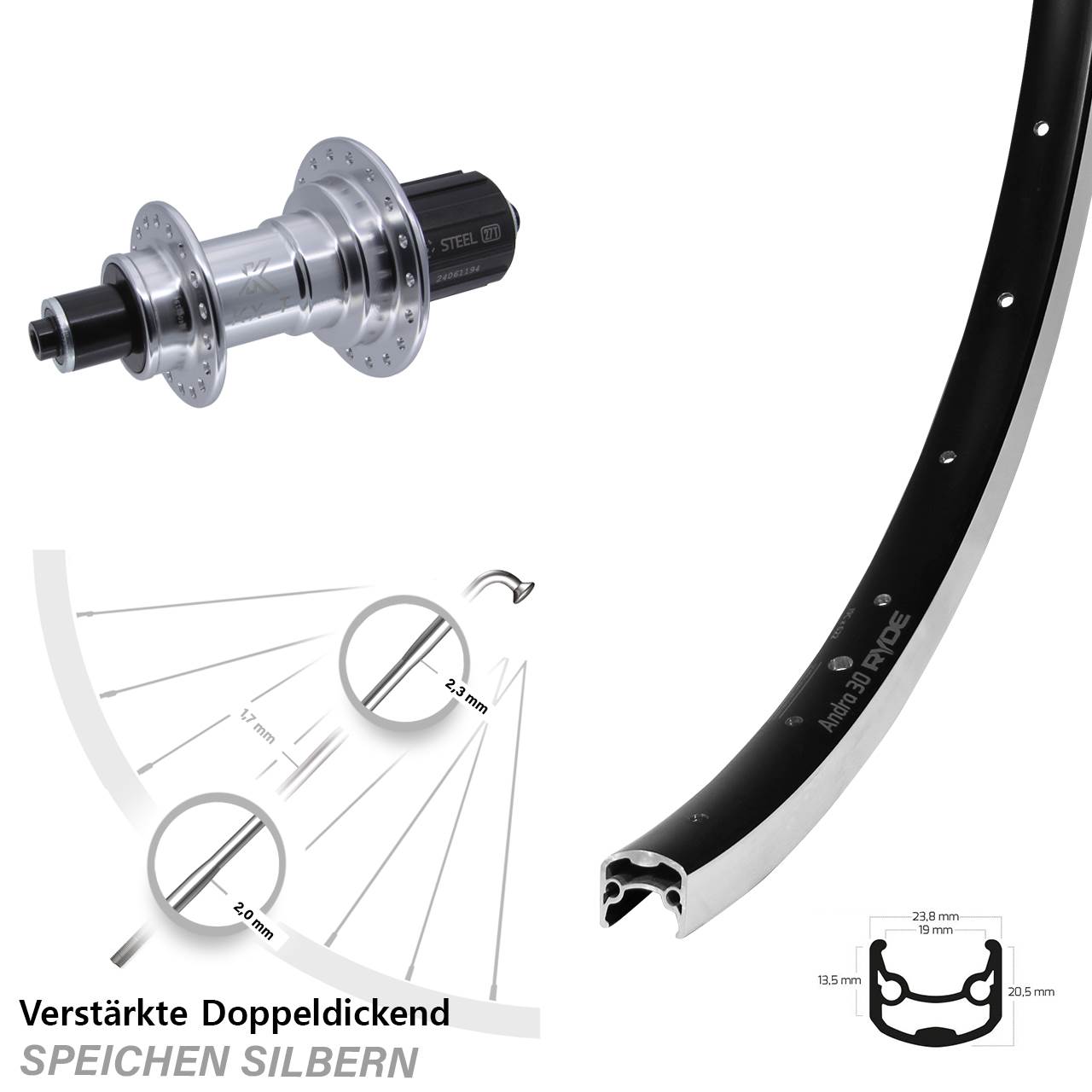 Hinterrad 28 Zoll Ryde Andra 30 KX-TS Heavy Duty 8-12 fach QR