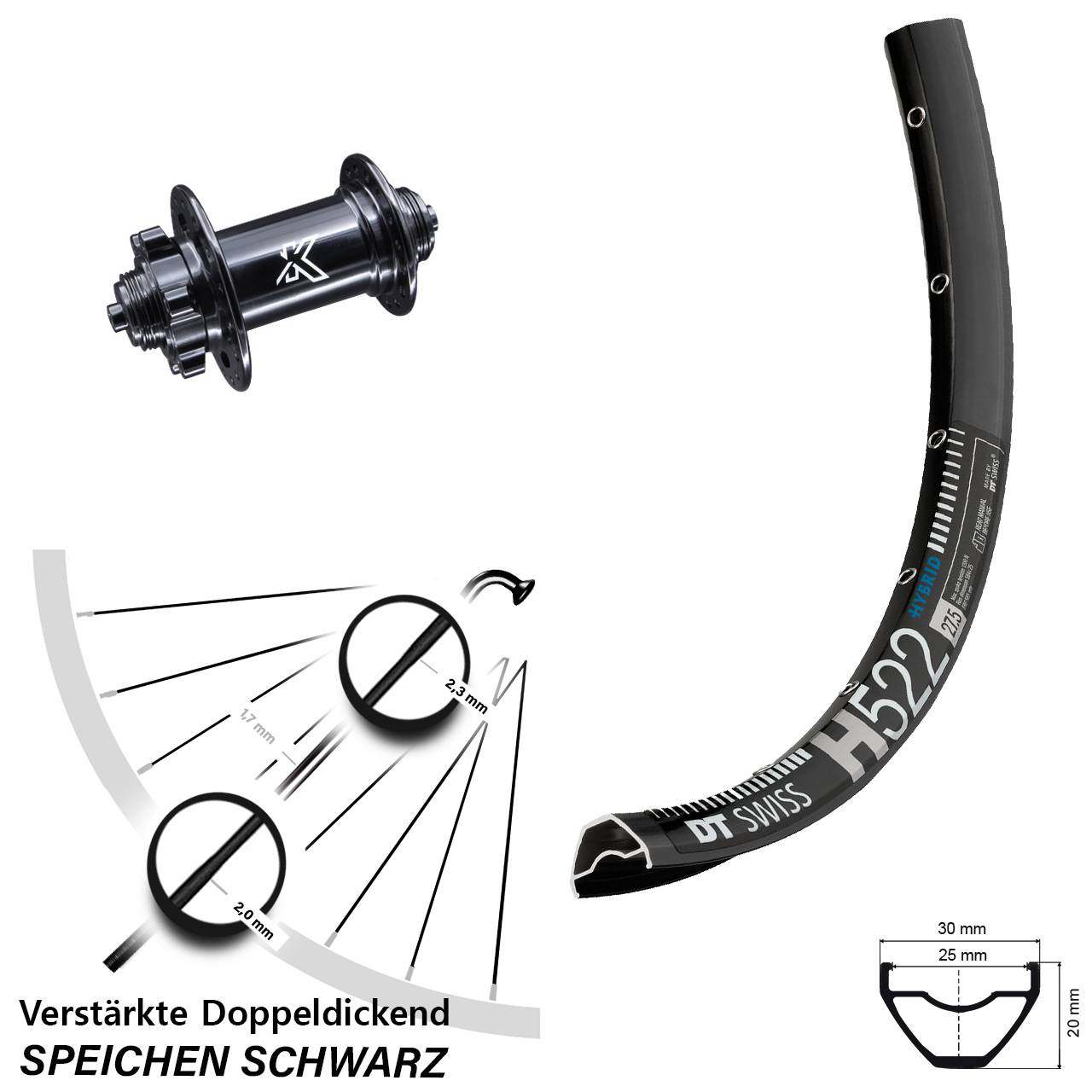 DT Swiss H 522 Disc-Vorderrad 29 Zoll mit KX-M 5x100 mm Nabe