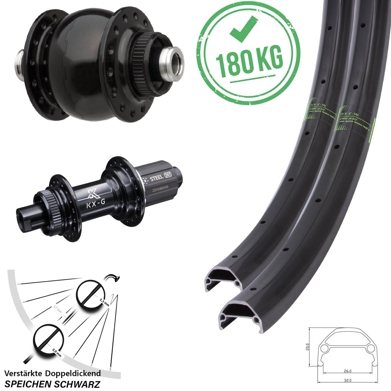 26 Zoll KX-GS Evo verstärkt SON 28 Laufradsatz Centerlock 12x100/142 8-12 fach HG