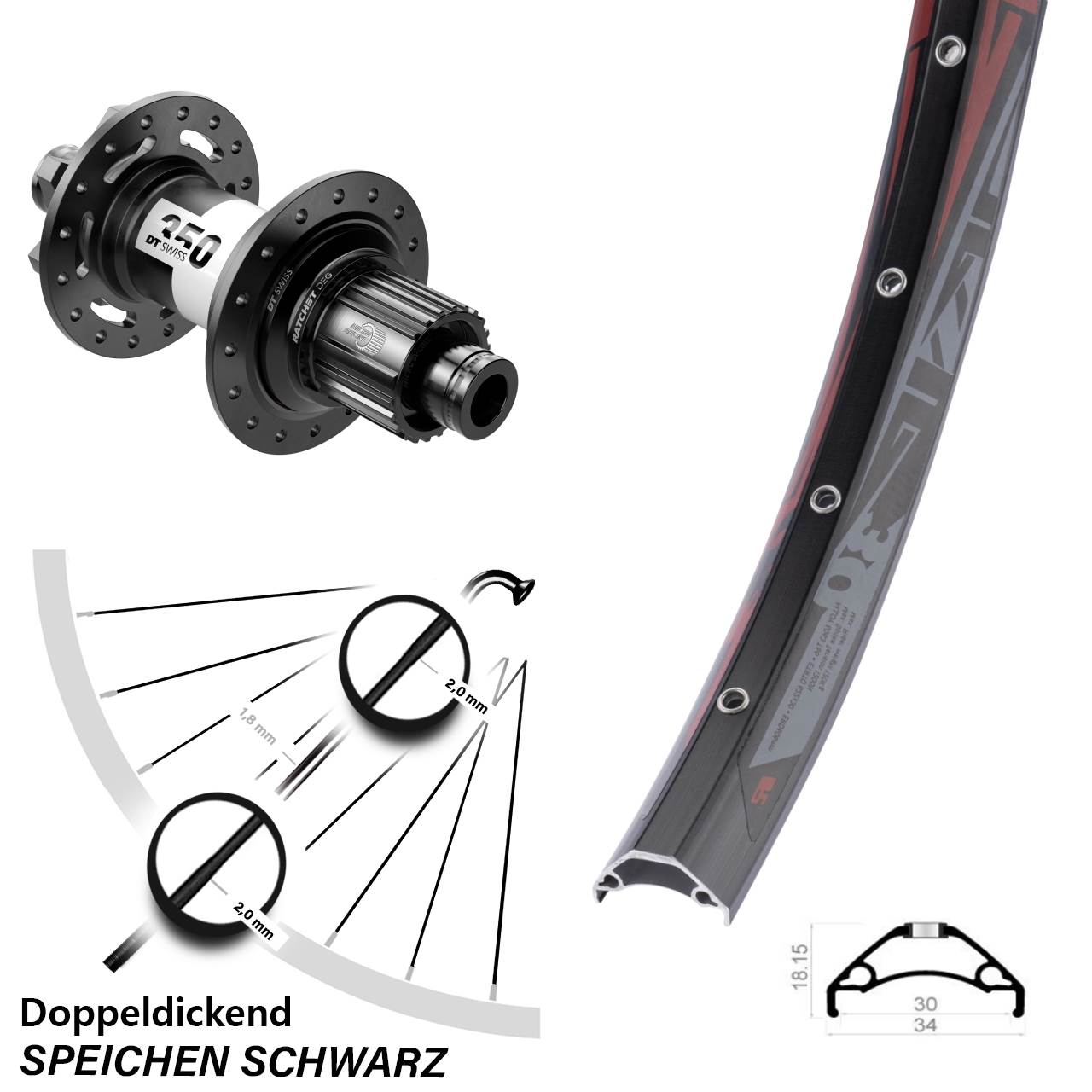 29 Zoll Rodi TRYP 30 DT Swiss 350 DEG 72 Disc Laufrad 12x148 Micro Spline