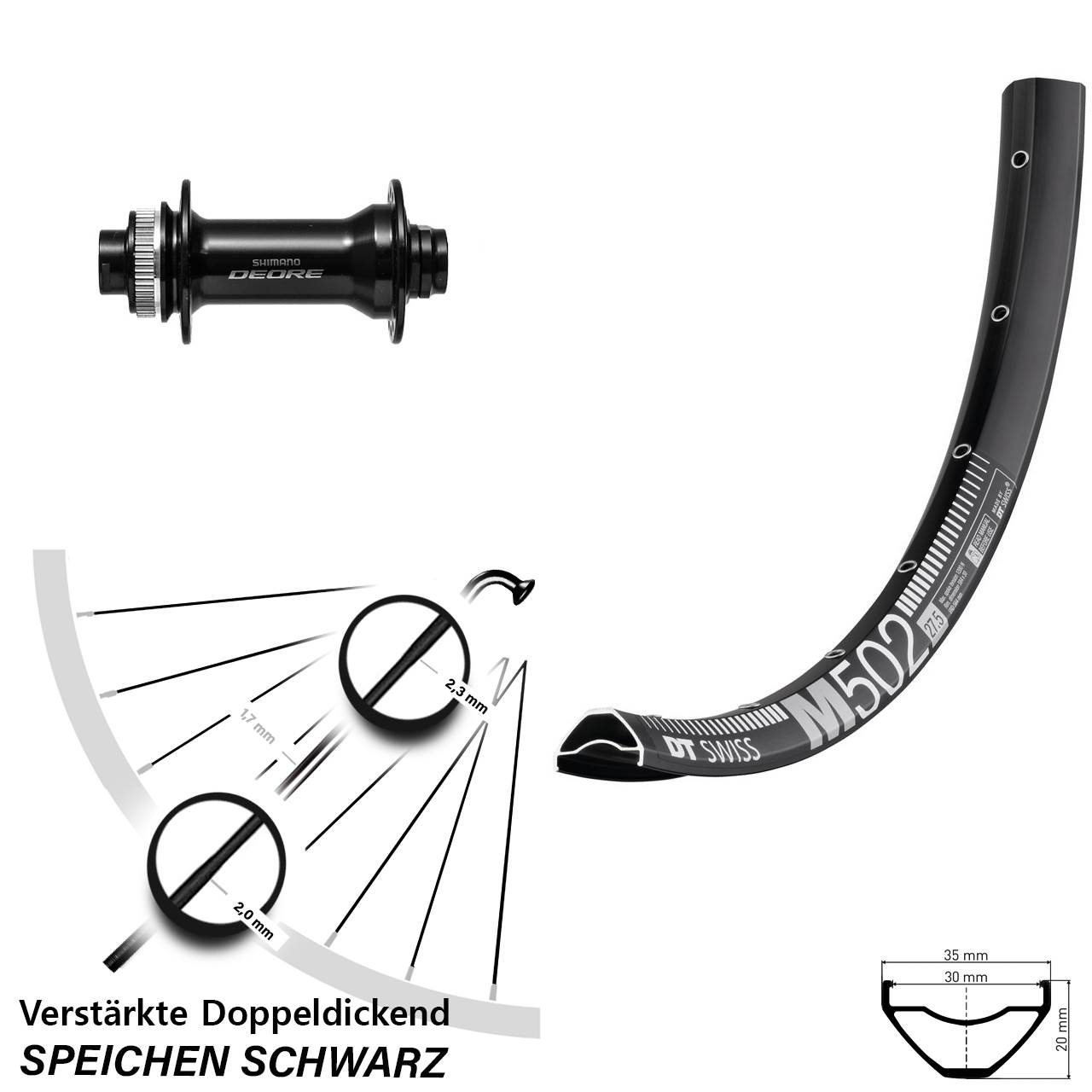 27,5 Zoll DT Swiss M502 Shimano Deore HB-M6010 Disc Laufrad 15x110 Boost