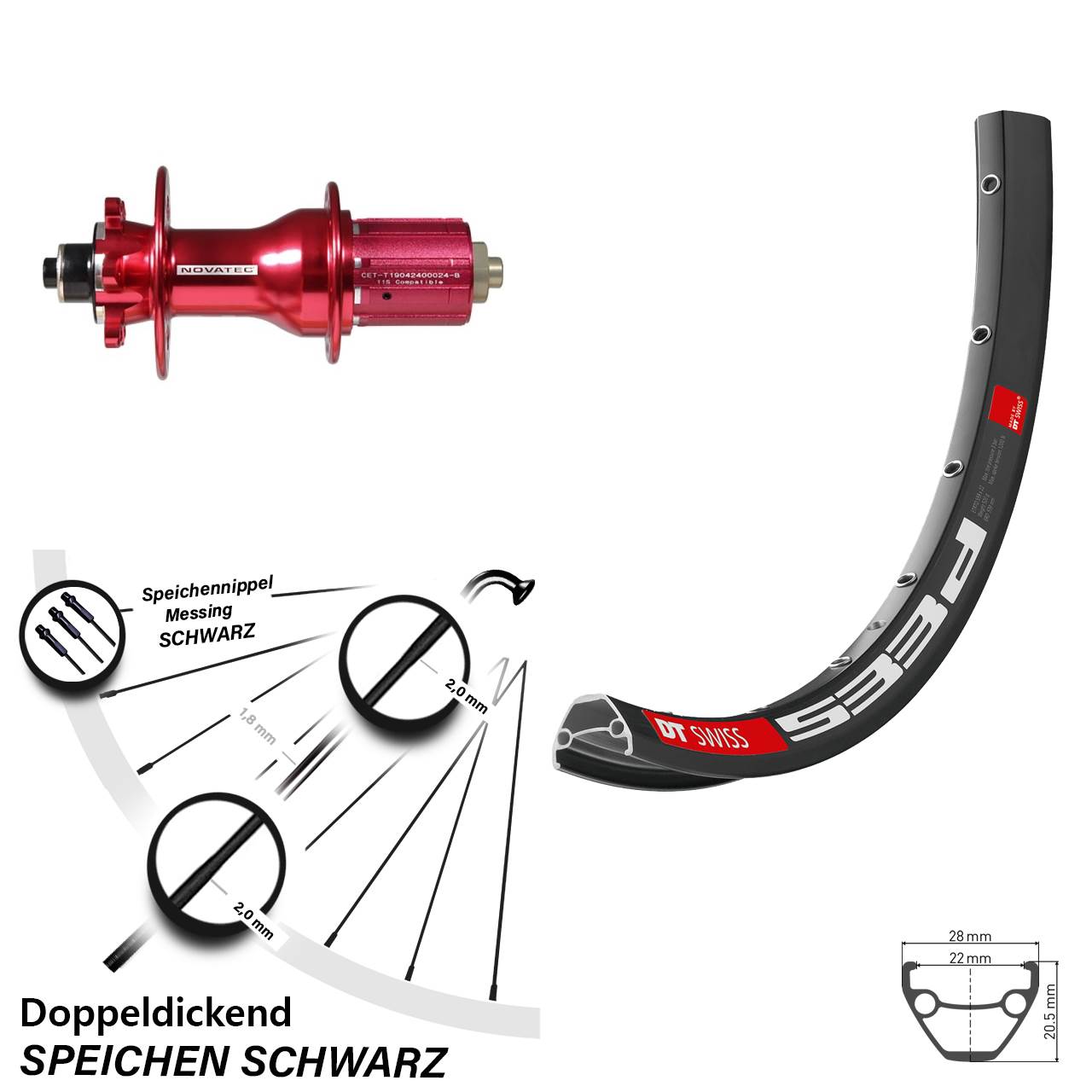 26 Zoll DT Swiss 533d Novatec D792SB Disc Hinterrad QR 8-12 fach