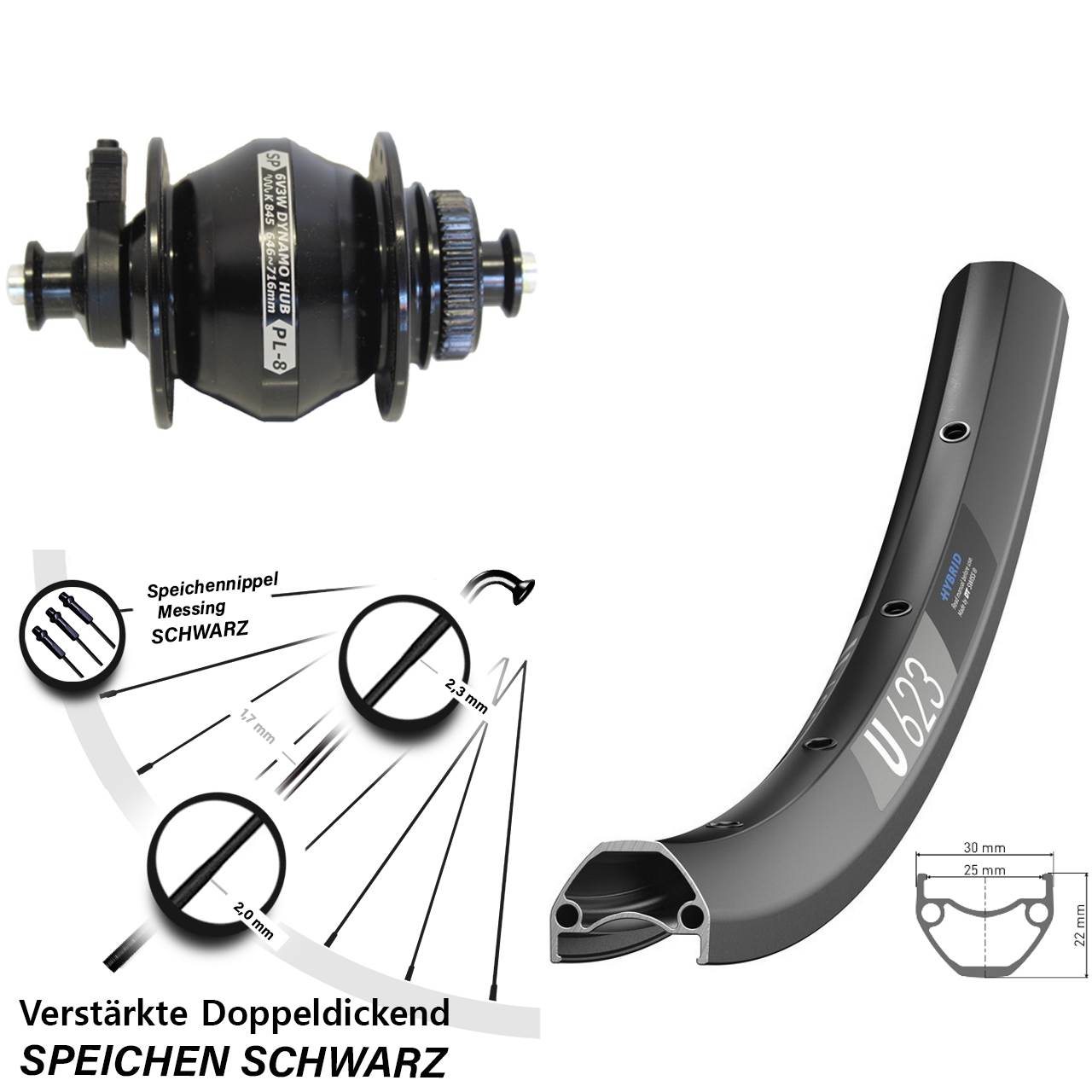 DT Swiss U623 Shutter Precision PL-8 28 Zoll Centerlock Dynamovorderrad für Schnellspanner