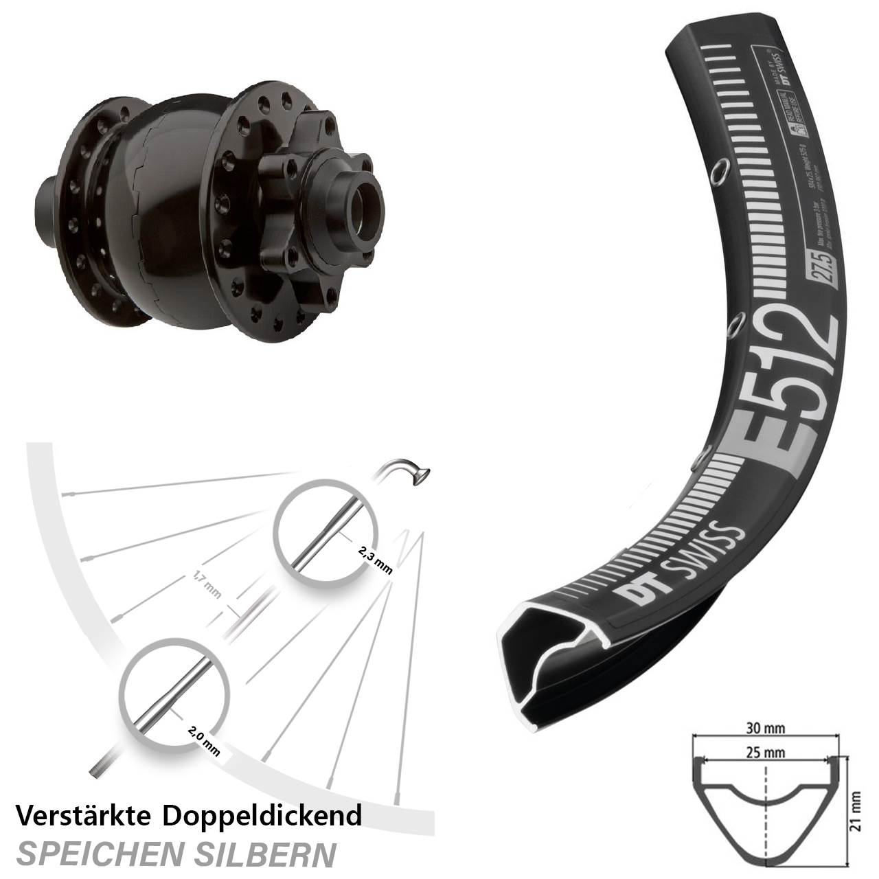 29 Zoll 6-Loch Dynamo-Vorderrad DT Swiss E512 SON 28 15x100