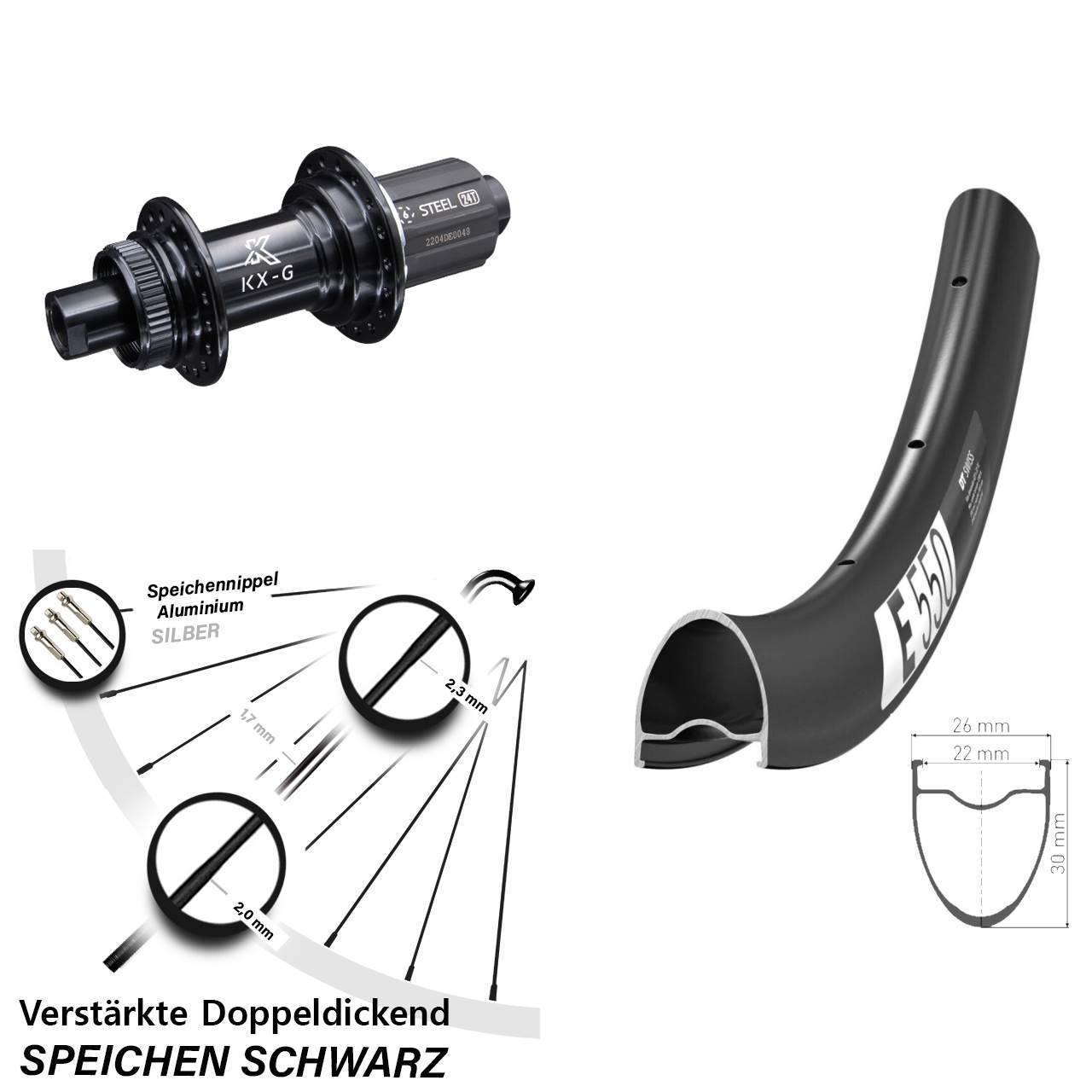 28 Zoll DT Swiss E550 KX-GS Stahl Freilauf Disc Hinterrad 12x142 8-12 fach HG