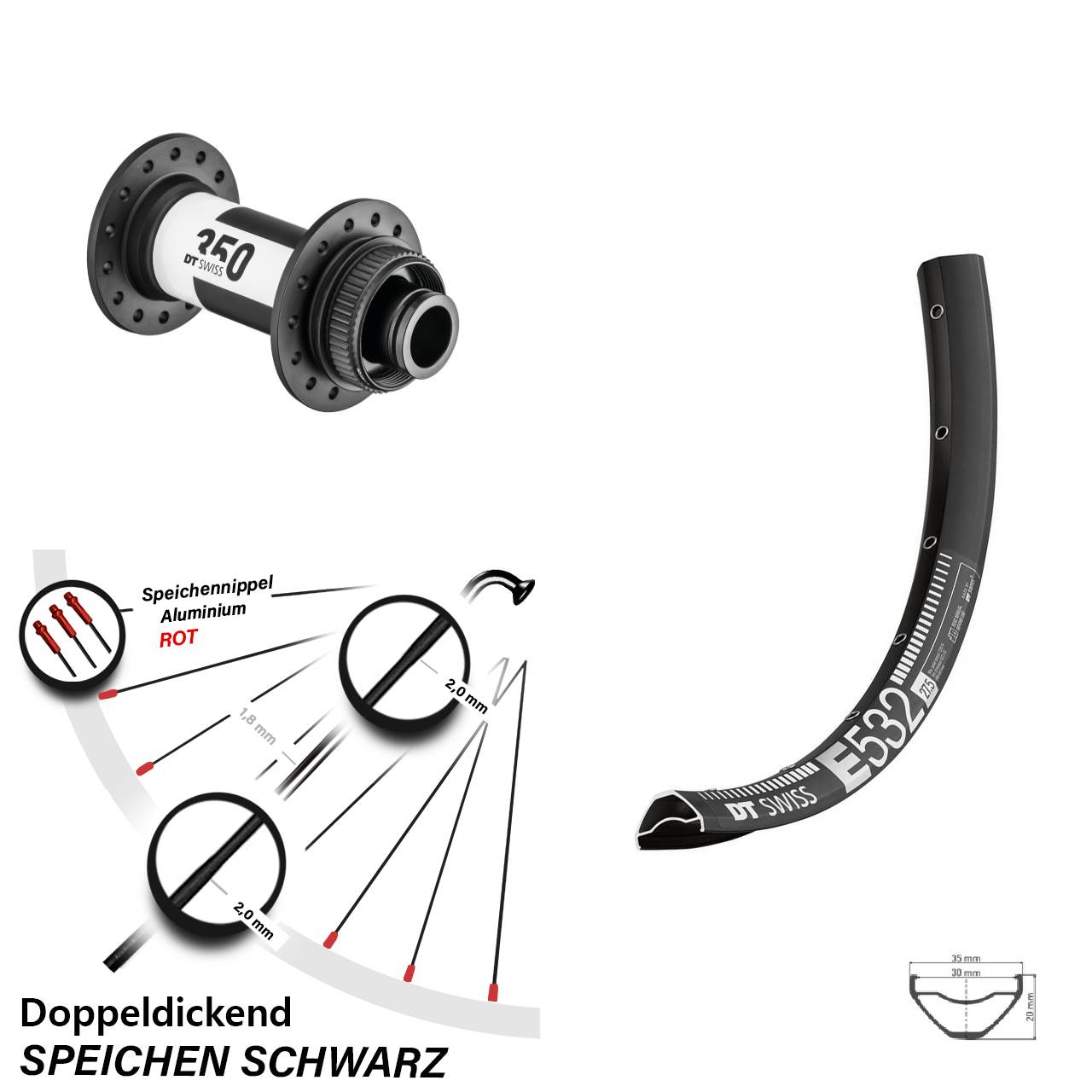 29 Zoll schwarz Vorderrad DT Swiss 350 E 532 Steckachse Centerlock 15x100 mm 30-622 ETRTO