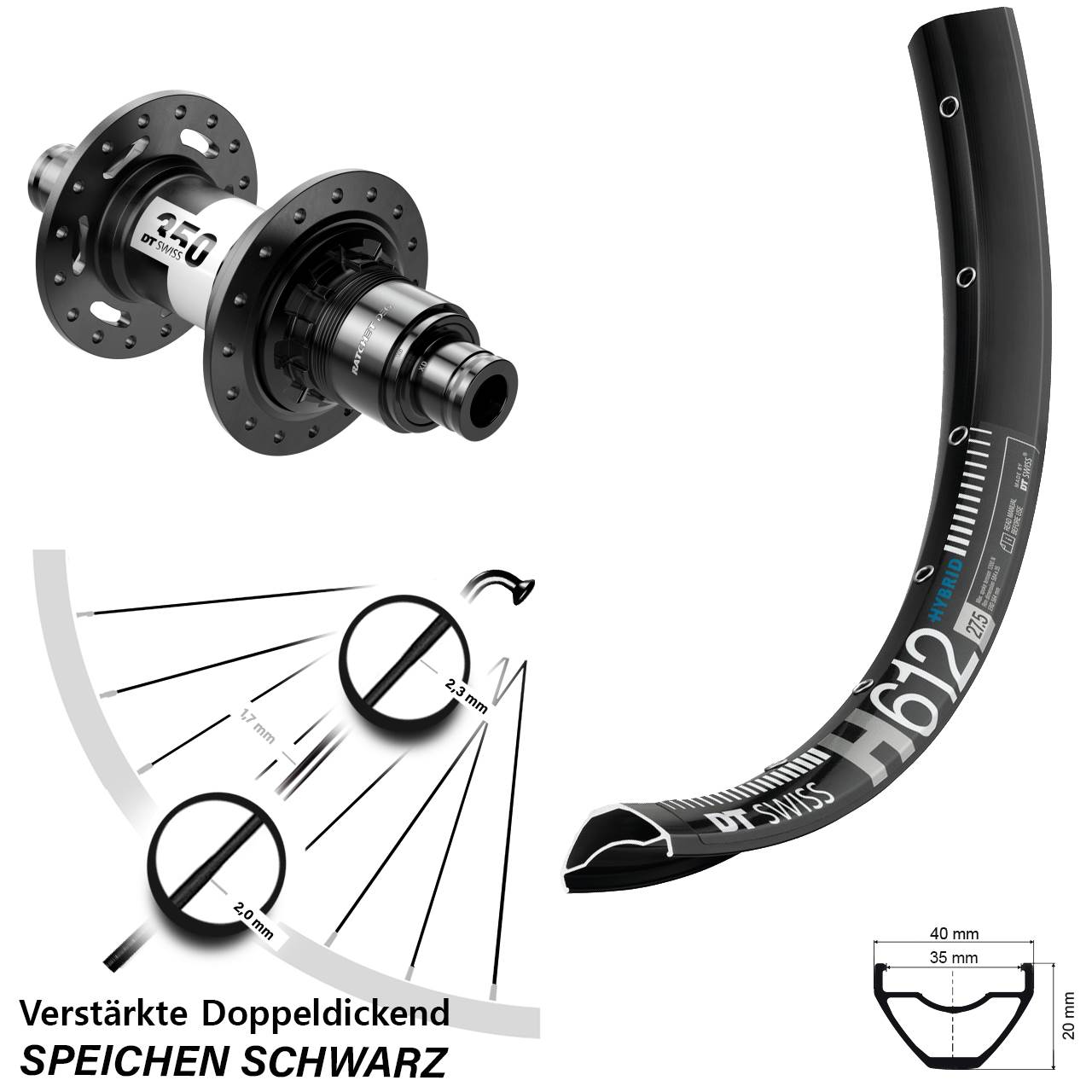 27,5 Zoll DT Swiss H612-350 DEG 72 Disc Hinterrad 12x148 XD