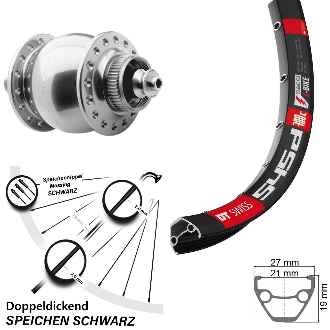 26 Zoll DT Swiss 545d SON 28 silbern Dynamo-Vorderrad Centerlock für Schnellspanner