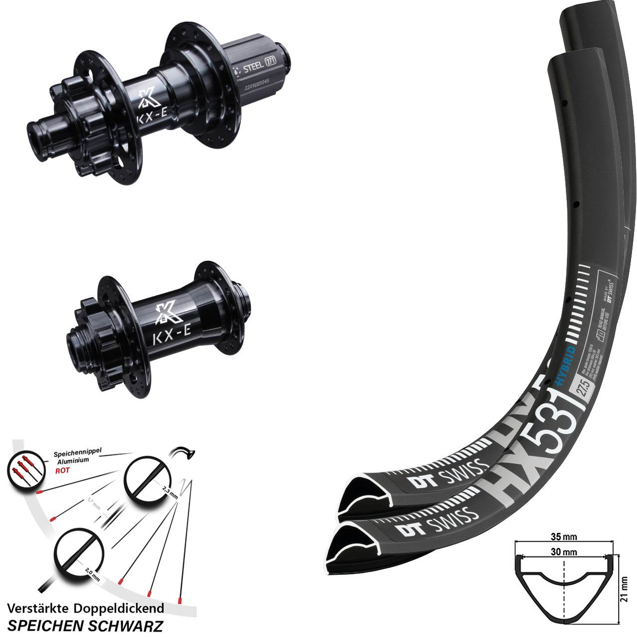 DT Swiss HX 531 Laufradsatz 29 Zoll E-Bike 6-loch 15x100 12x142 mm KX-E verstärkt HG