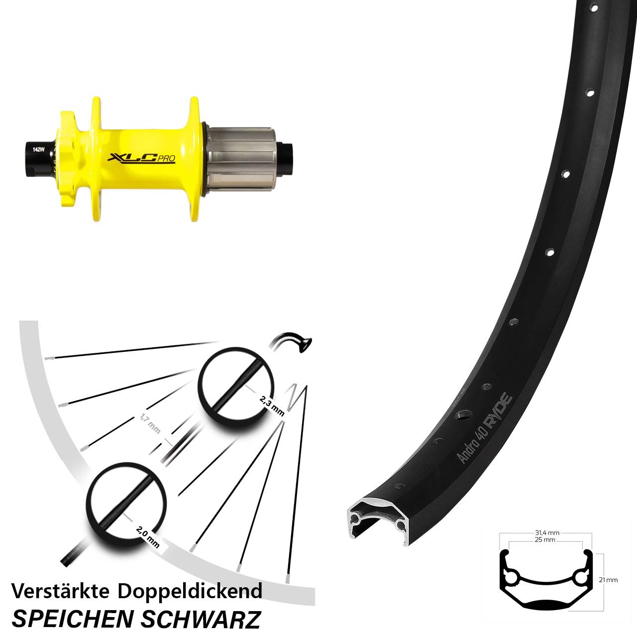 26 Zoll Ryde Andra 40 XLC gelb Disc Hinterrad 12x142 8-11 fach