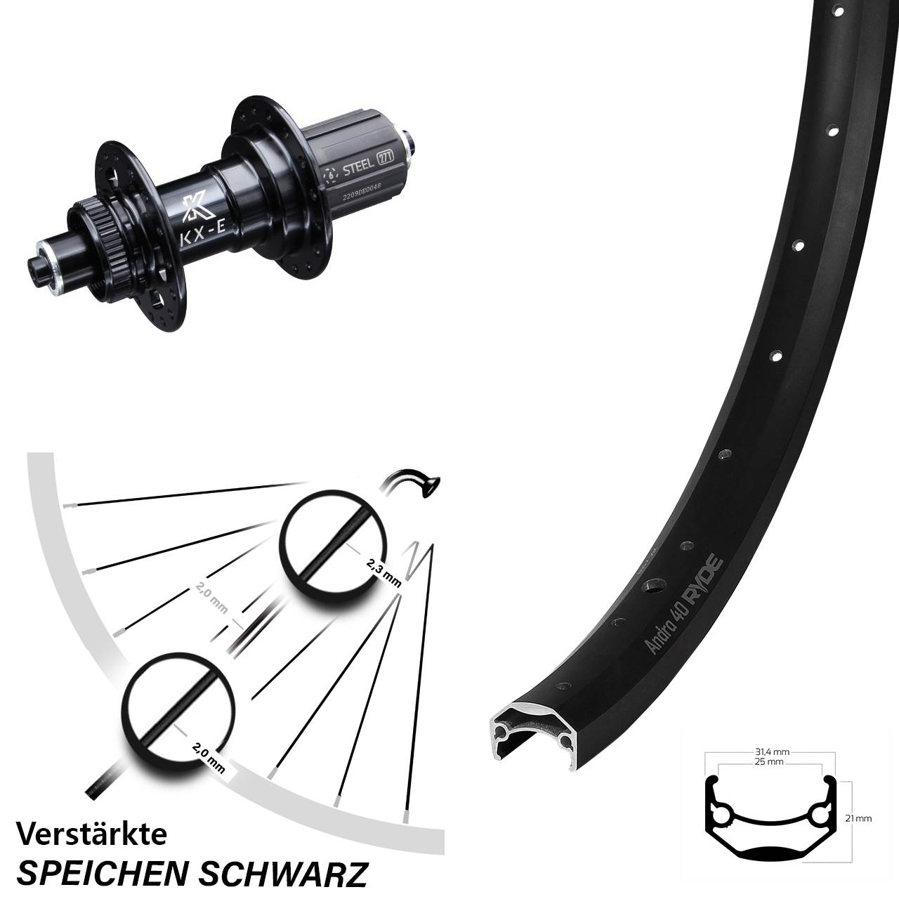 26 Zoll Hinterrad KX-E Ryde Andra 40 5x135 mm 8-12 fach centerlock