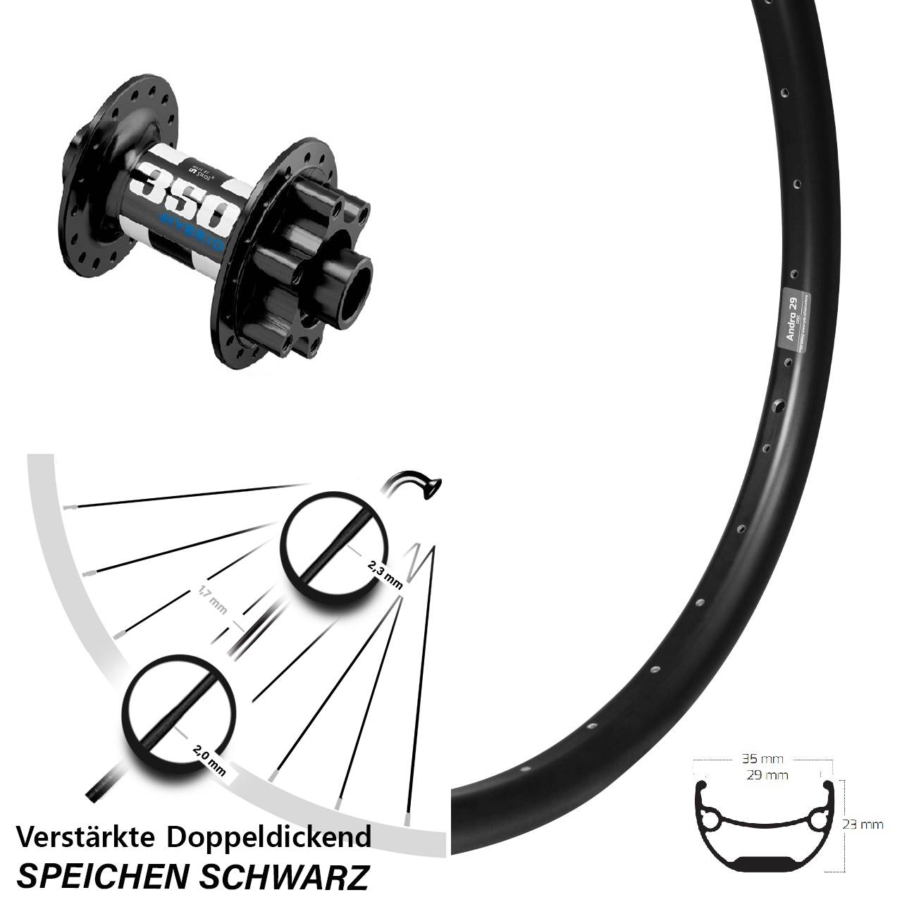 20 Zoll Ryde Andra 29 DT Swiss 350 Hybrid Vorderrad 6-Loch 15x110 Boost