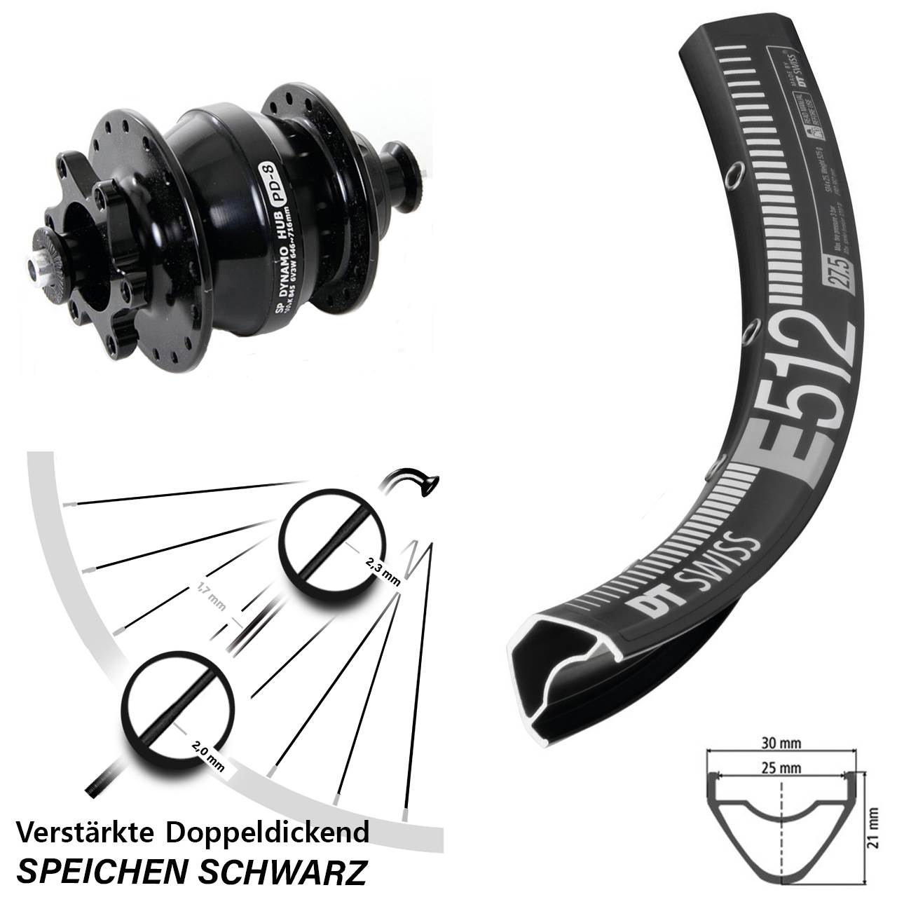 DT Swiss E 512 Shutter Precision PD-8 29 Zoll Dynamo-Vorderrad 6-Loch für Schnellspanner