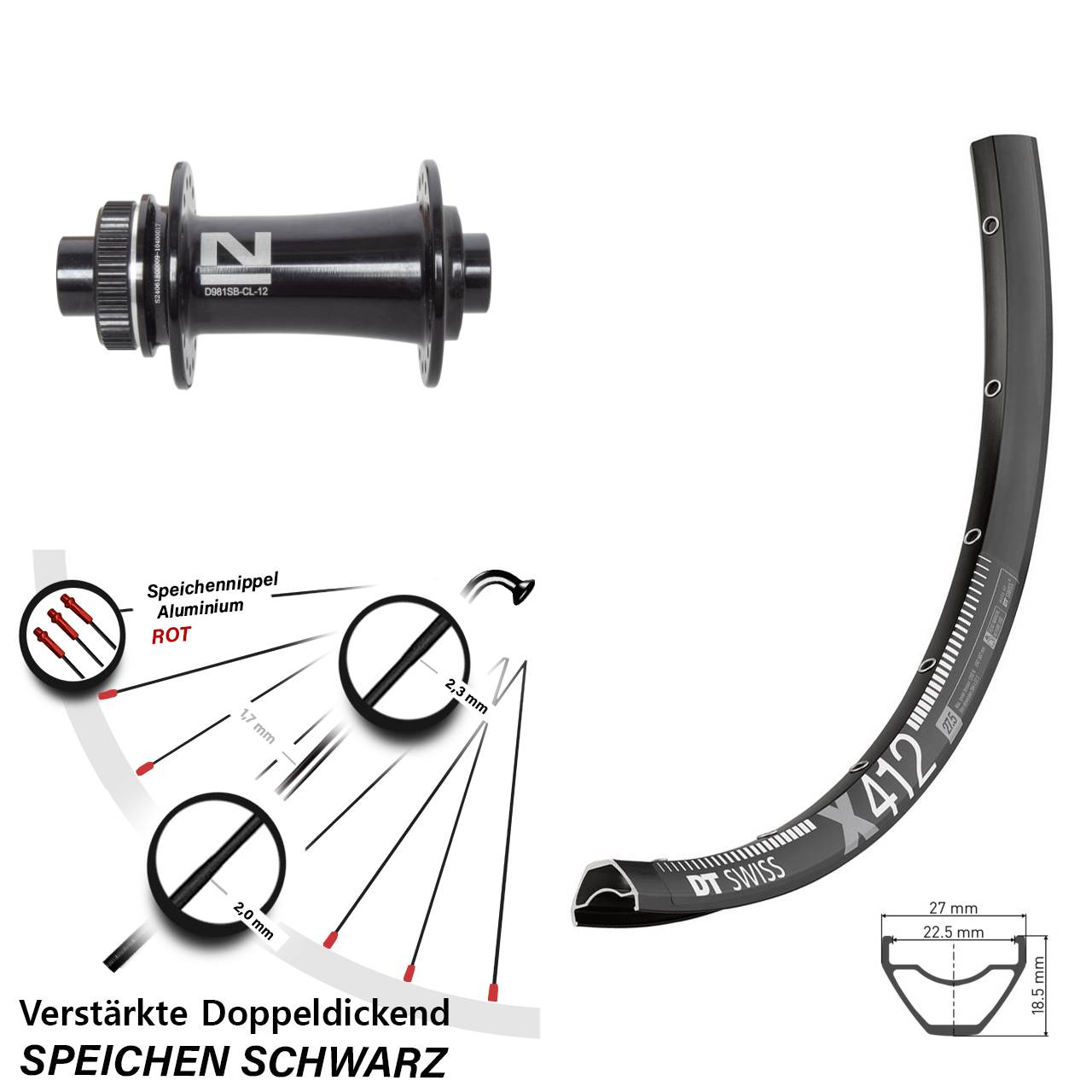 Vorderrad Centerlock 12x100 28 Zoll DT Swiss X412 Novatec D981