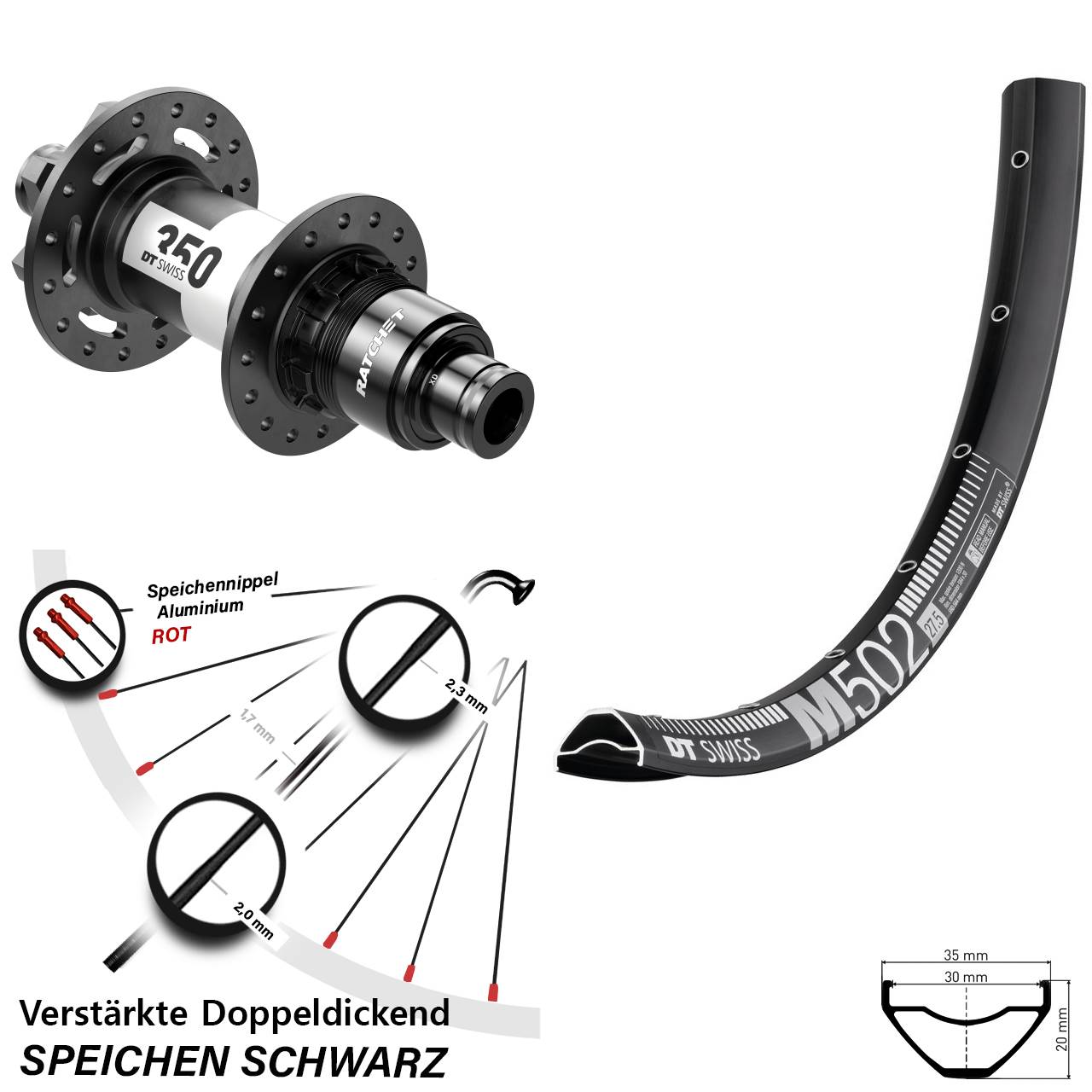 DT Swiss M 502-350 27,5 Zoll Hinterrad 6-Loch 12x142 SRAM XD